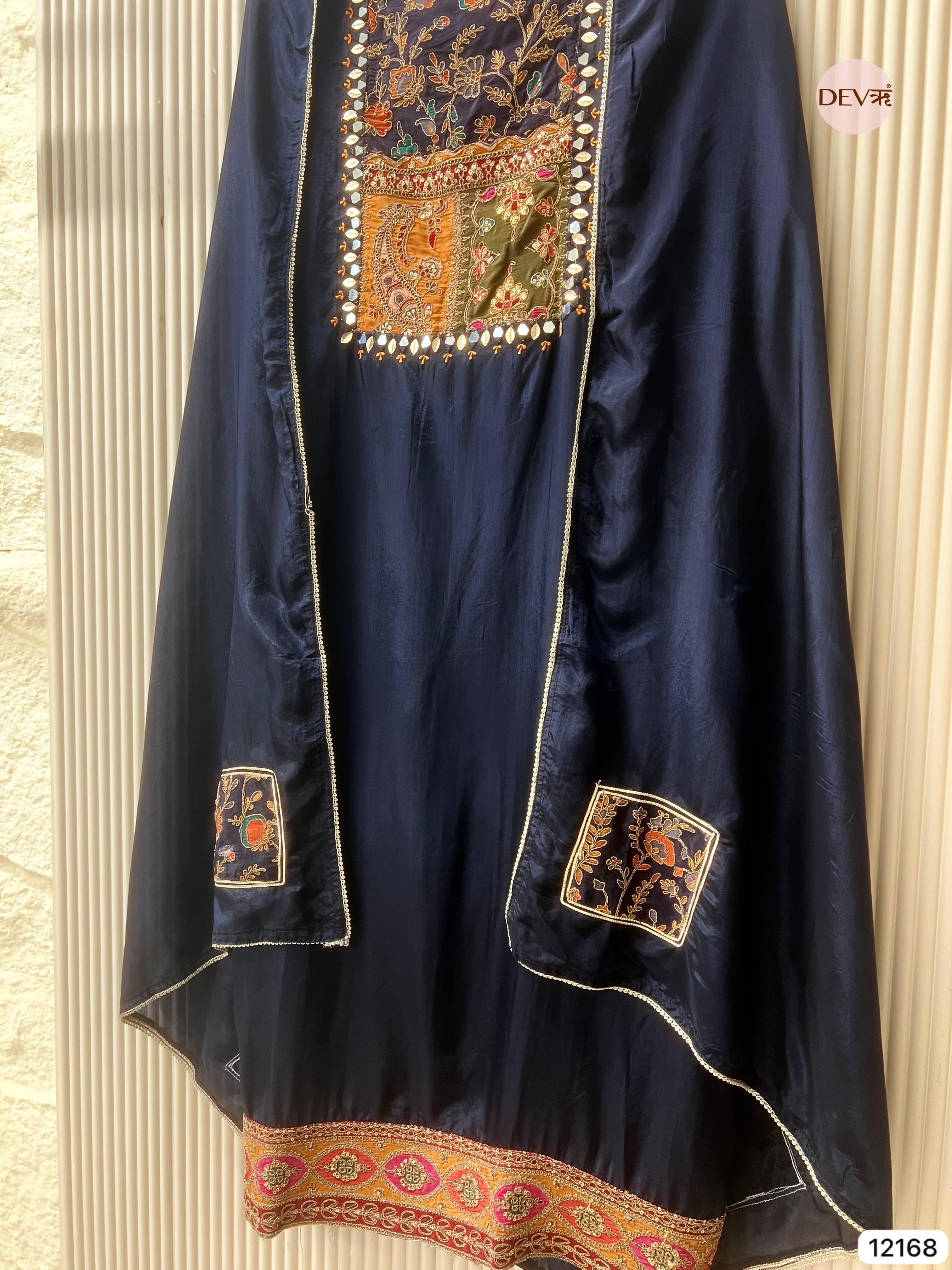 Dark Blue Silk Unstitched Shirt with Hand Embroidered -Set Of 3 - {12168}