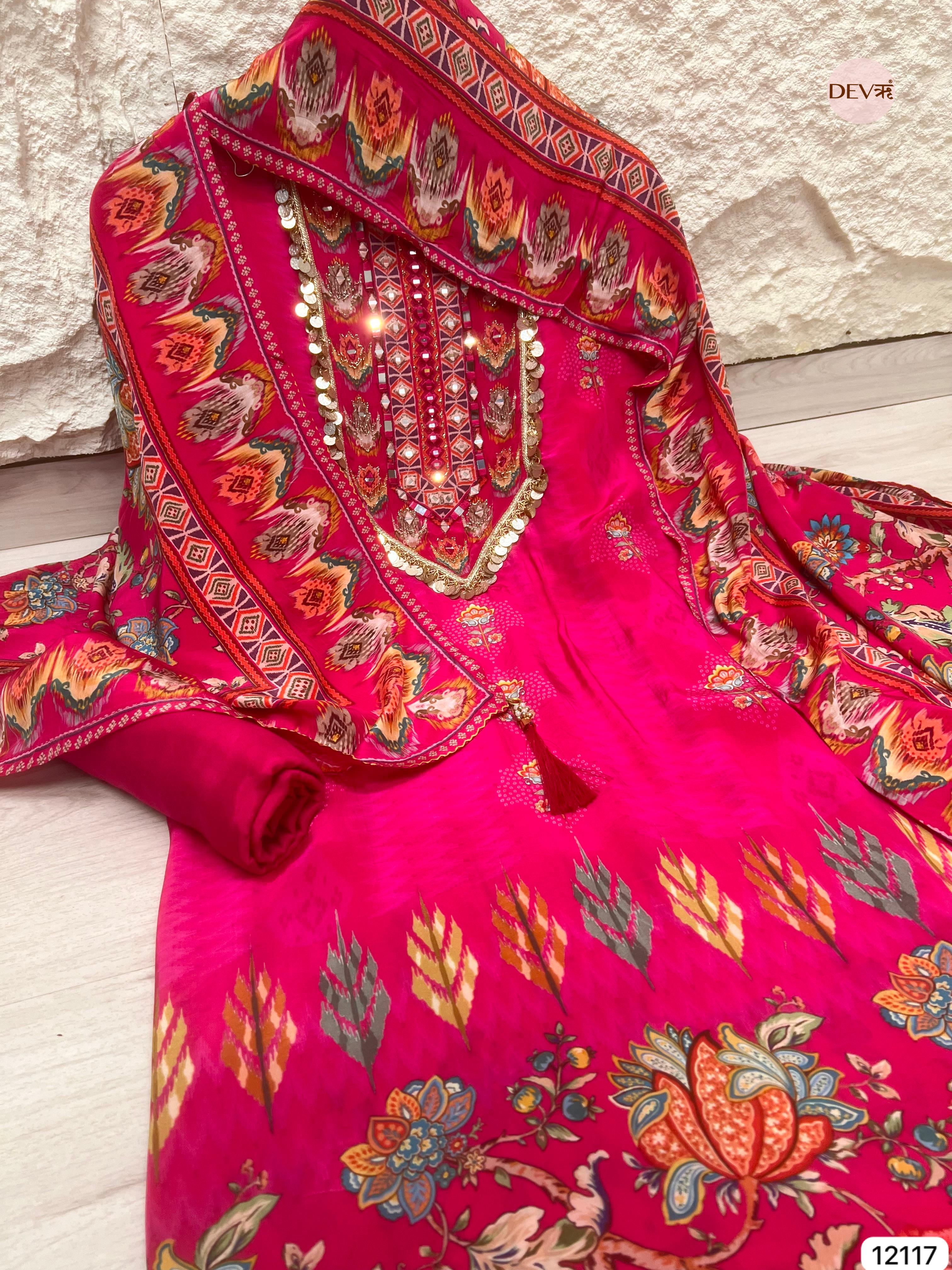 Pink Pure Natural Crepe Unstitched Printed Hand Embroidered - Set Of 3 - {12117}