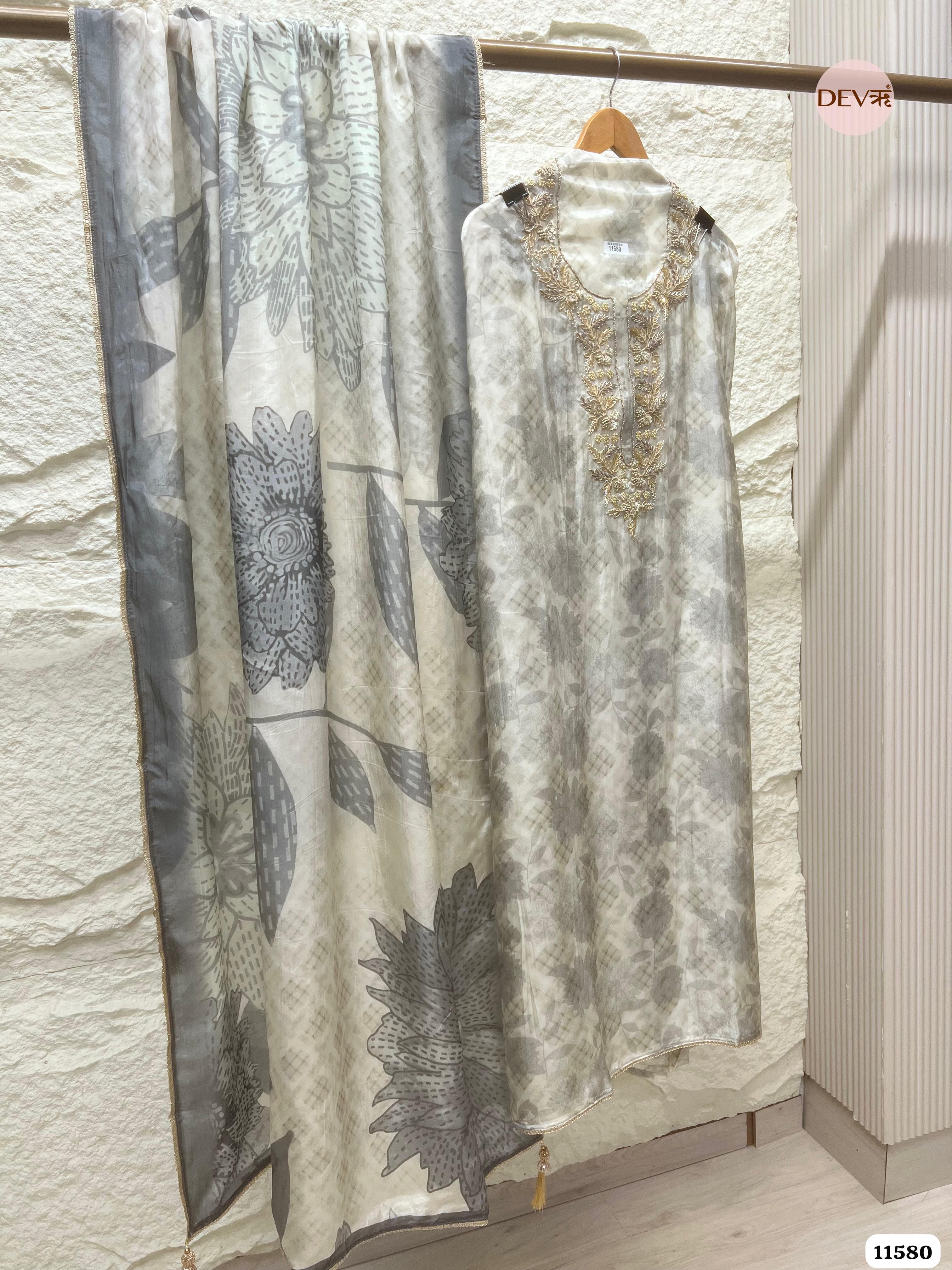 Grey Pure Organza Silk Unstitched Printed Hand Embroidered -Set Of 3 {11580}