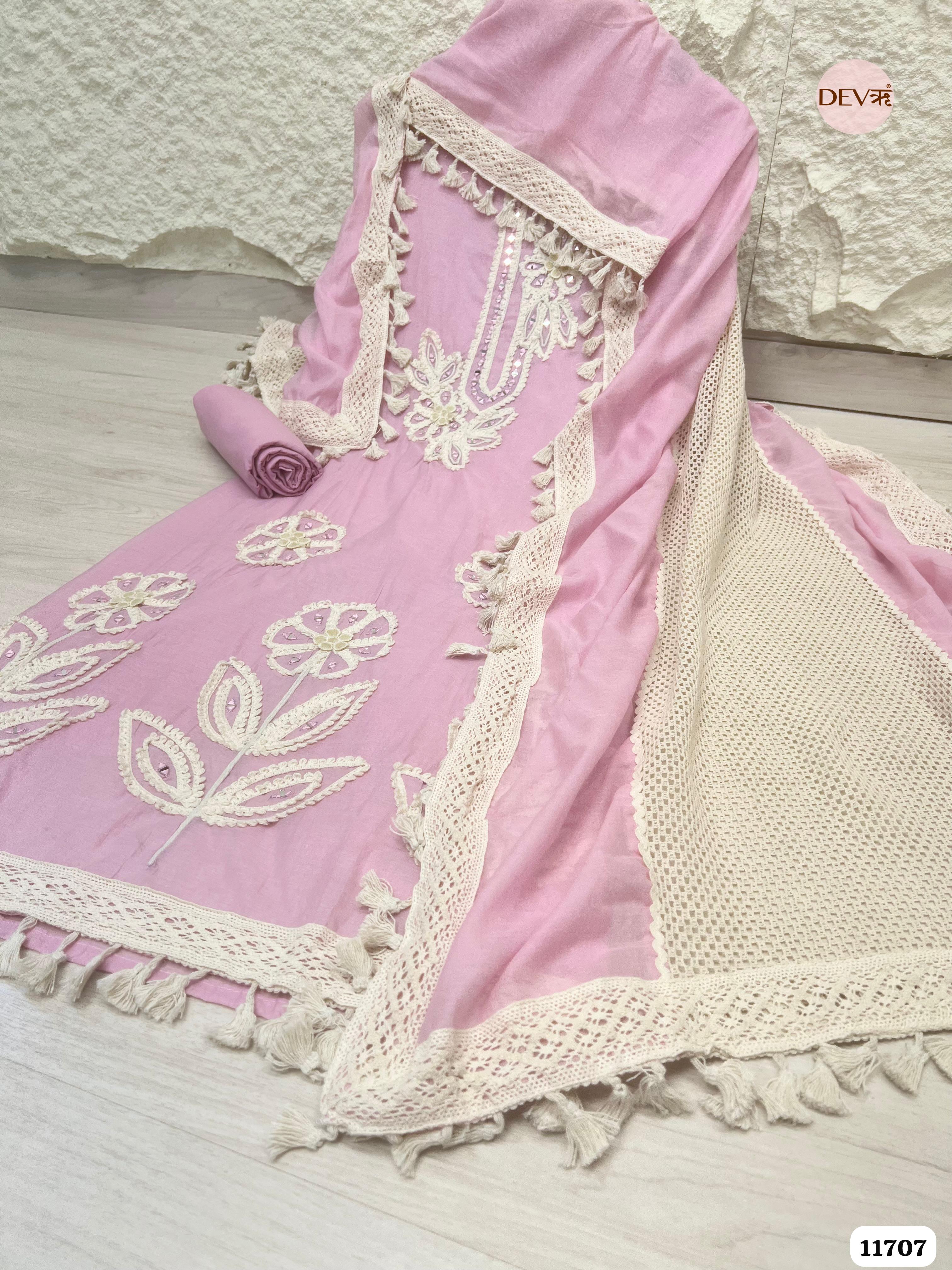 Pink Mul Chanderi Unstitched Hand Embroidered -Set Of 3 {11707}