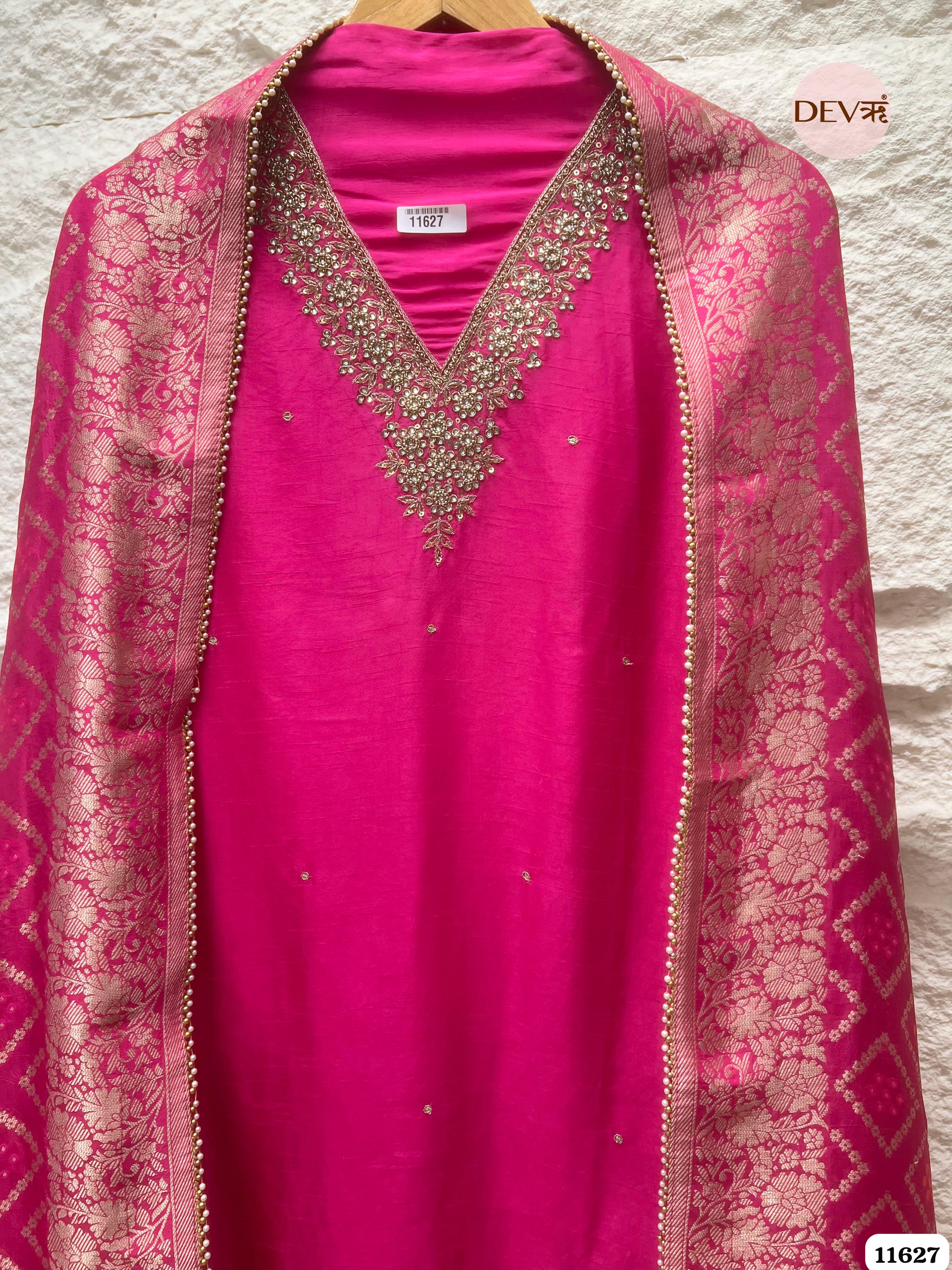 Hot Pink Pure Russian Silk Unstitched Hand Embroidered -Set Of 3 {11627}