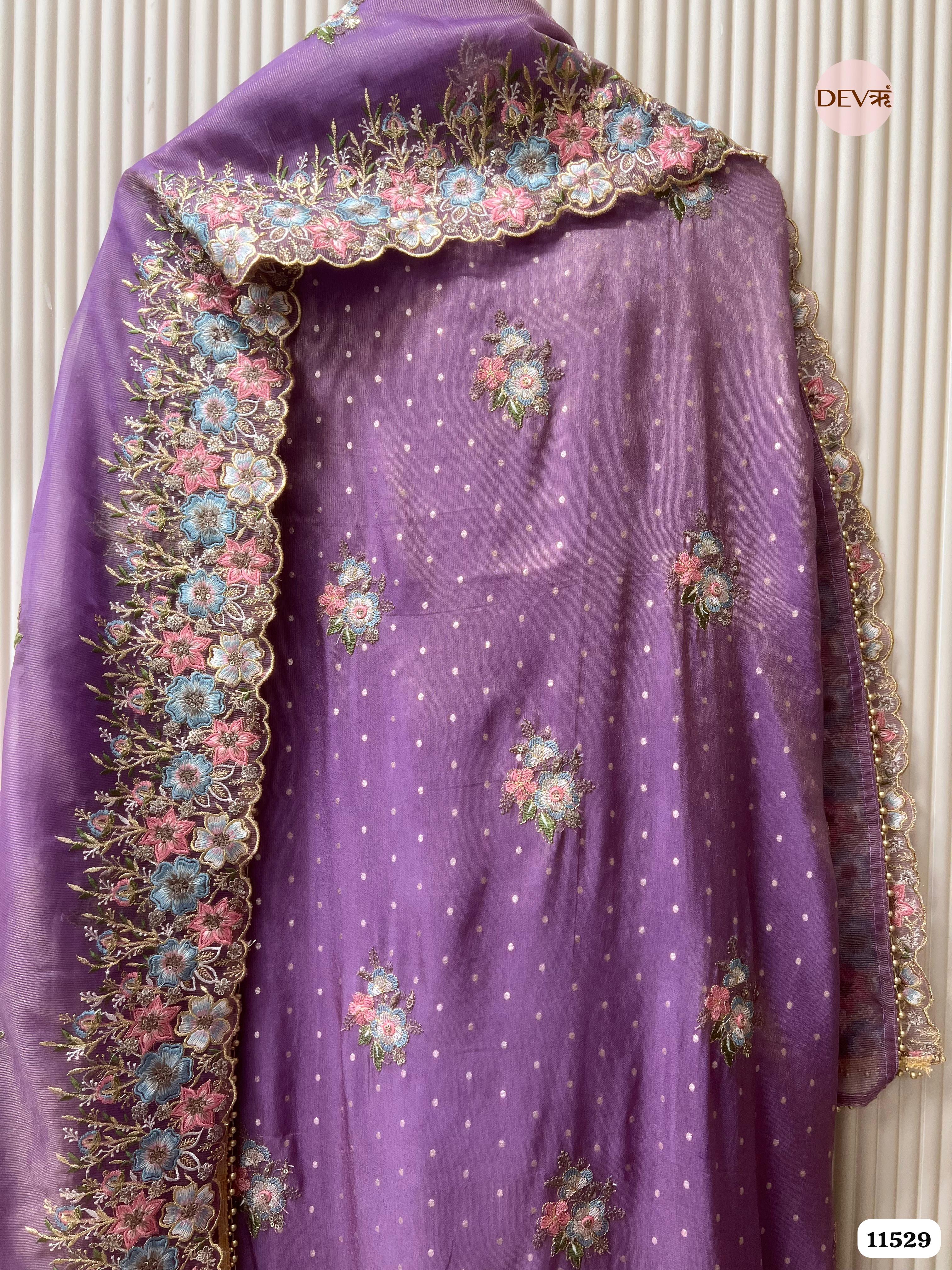 Purple Tissue Silk Unstitched Embroidered -Set Of 3 {11529}