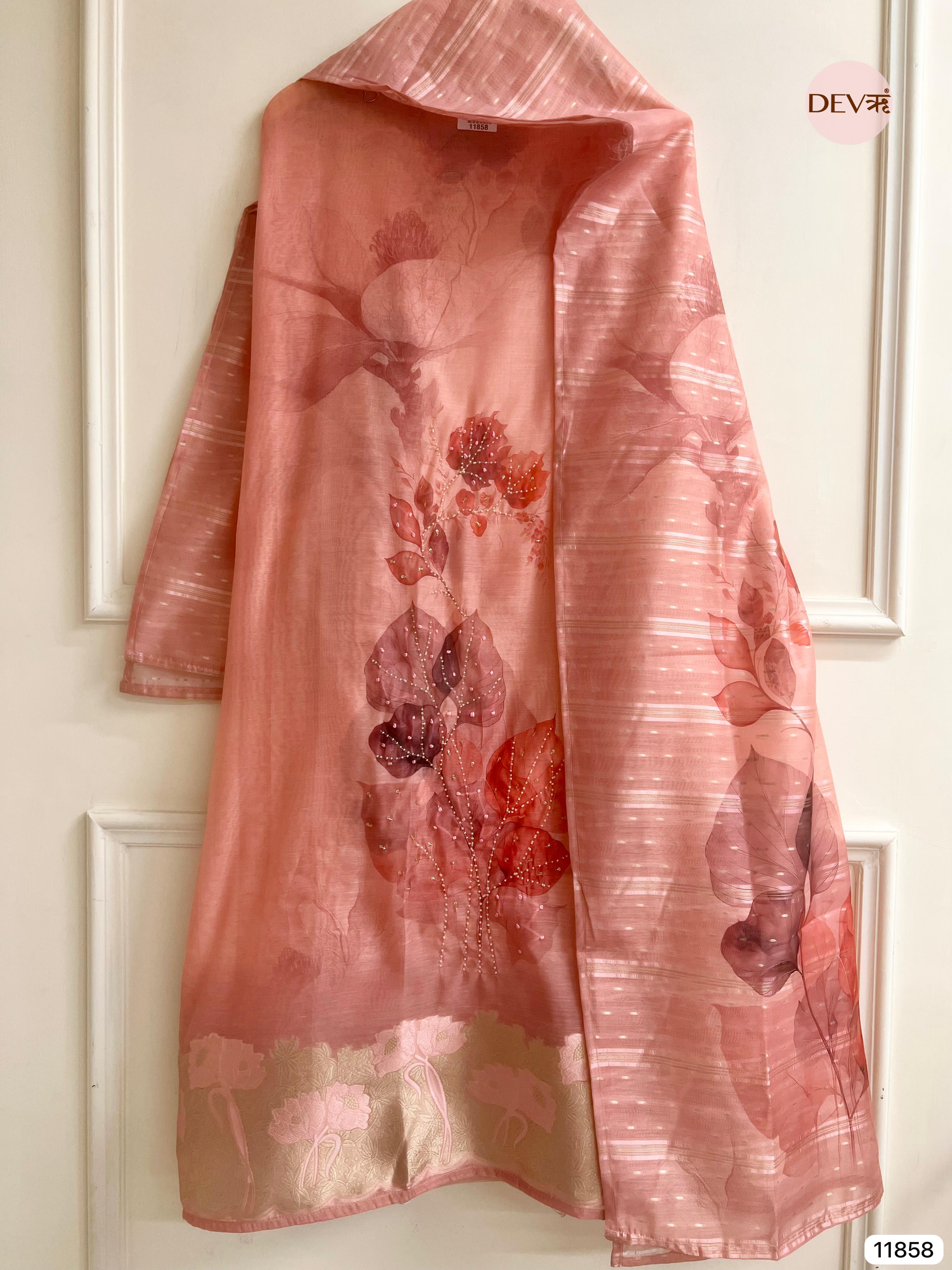 Pink Jamdani Silk Unstitched Printed Woven Hand Embroidered -Set Of 3- {11858}