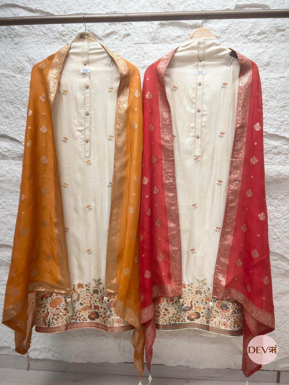 Ivory Russian Silk Embroidered Unstitched 3-Piece Suit (Devri – D.No 12115).