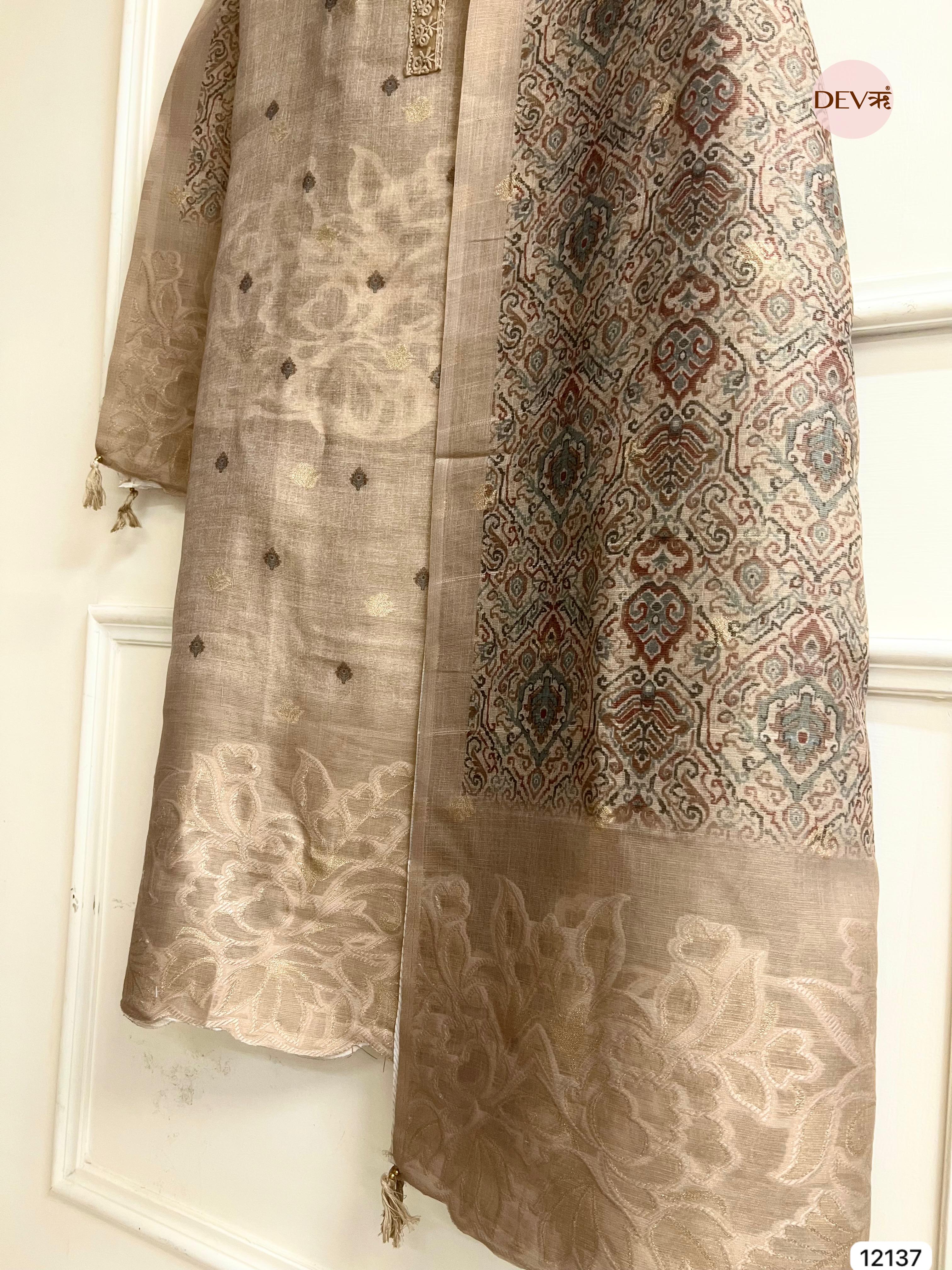 Beige Pure Jamdhani Silk Unstitched Woven Embroidered -Set Of 3 - {12137}