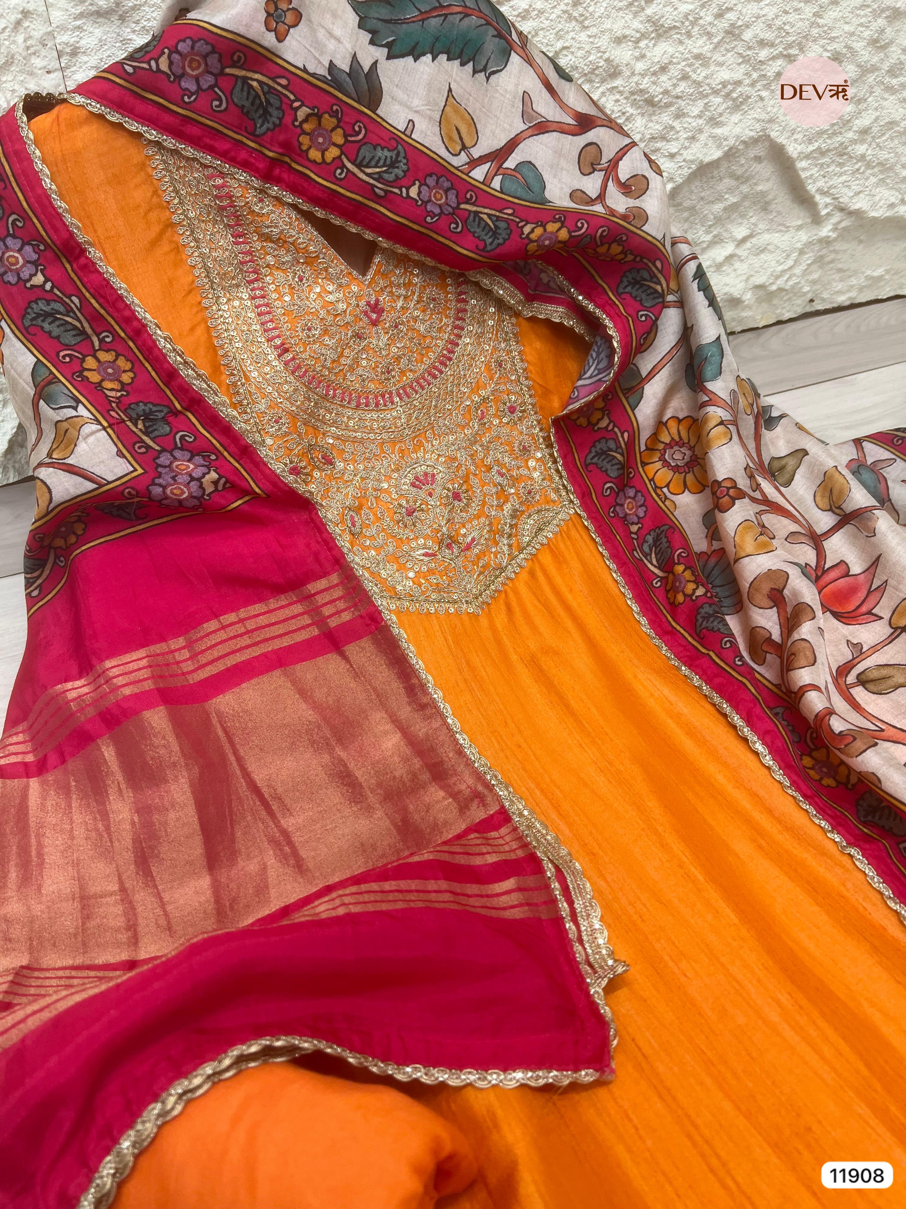 Orange Russian Silk Unstitched Embroidered -Set Of 3 - {11908}