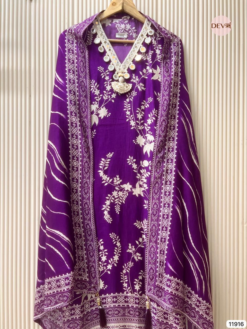 Purple Pure Russian Silk Unstitched Printed Hand Embroidered -Set Of 3 - {11916}