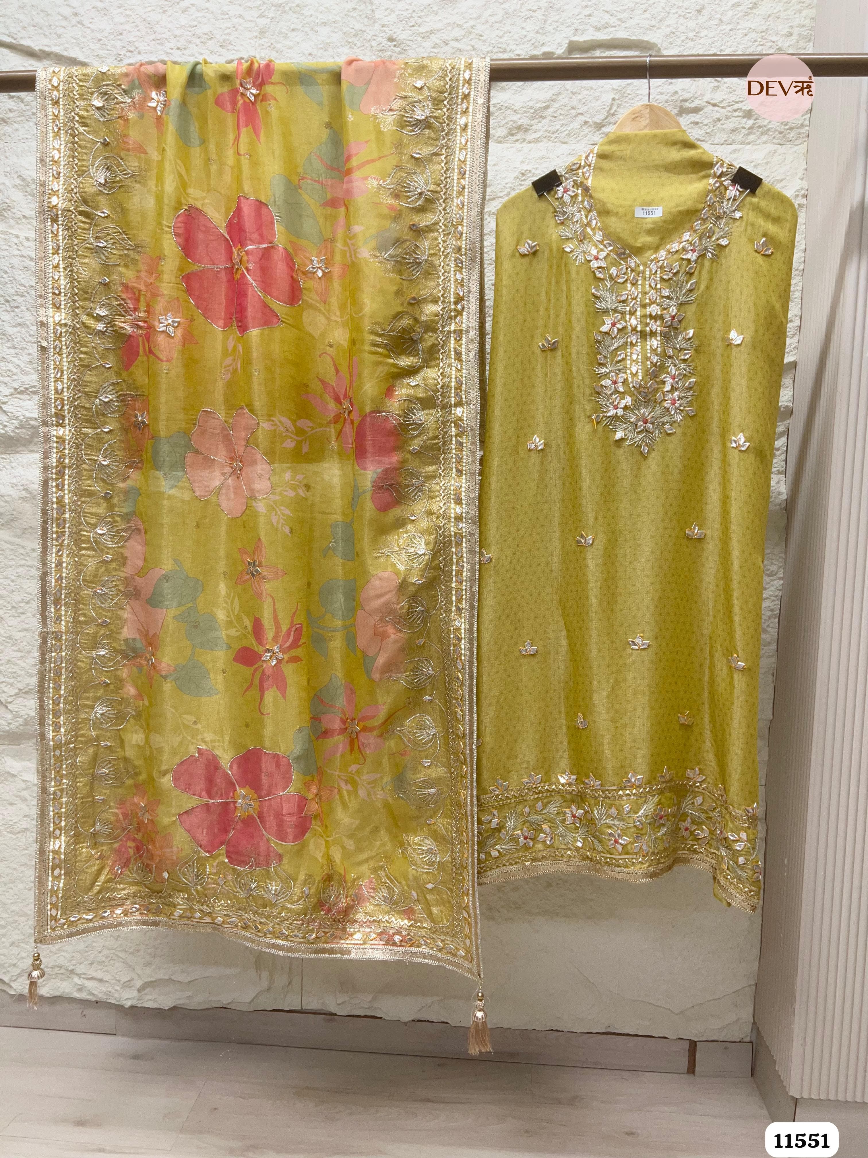 Olive Green Pure Tissue Silk Unstitched Printed Hand Gota Embroidered -Set Of 3 {11551}