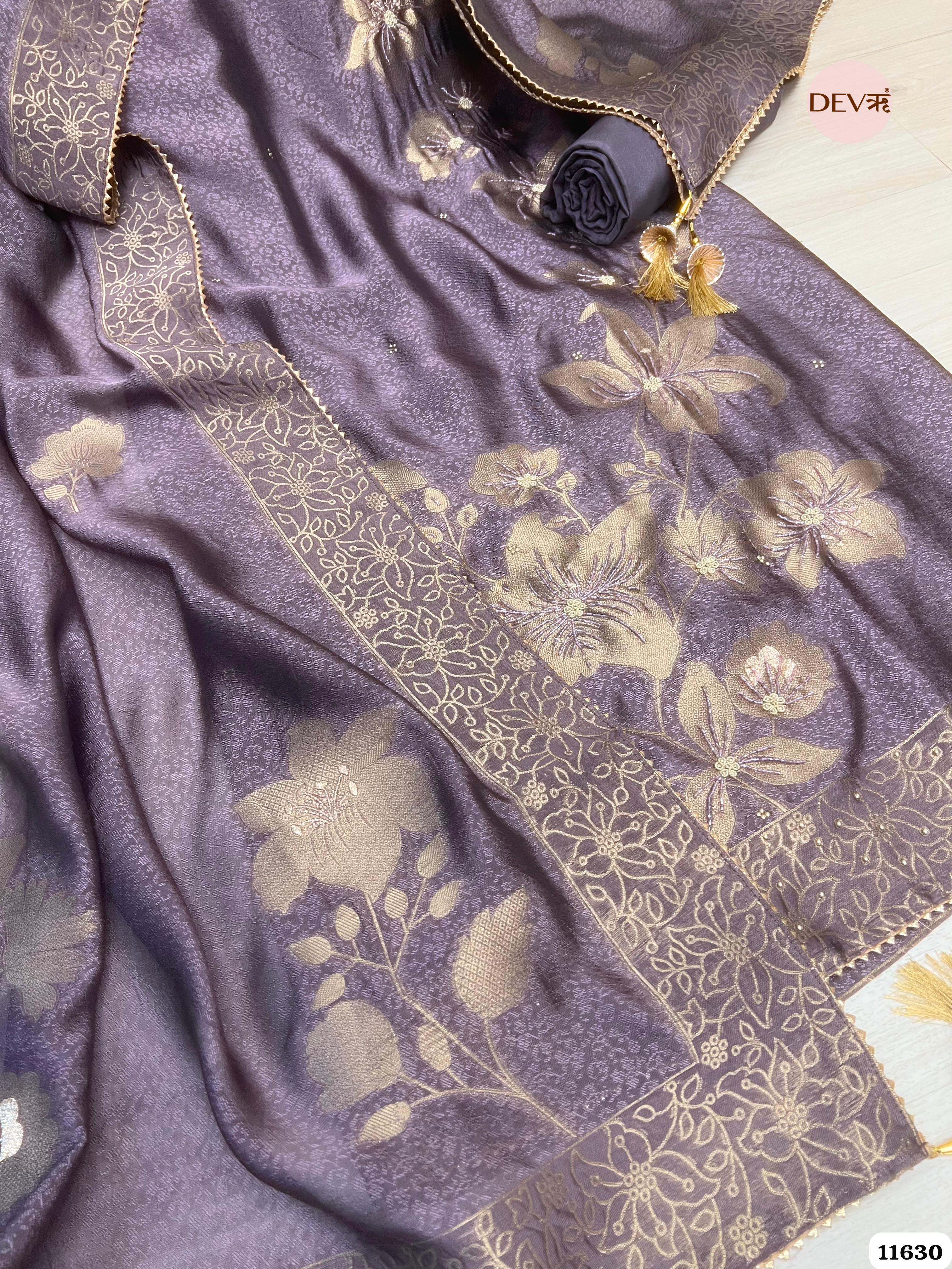 Purple Pure Dola Silk Banarasi Woven Unstitched Hand Embroidered -Set Of 3 {11630}