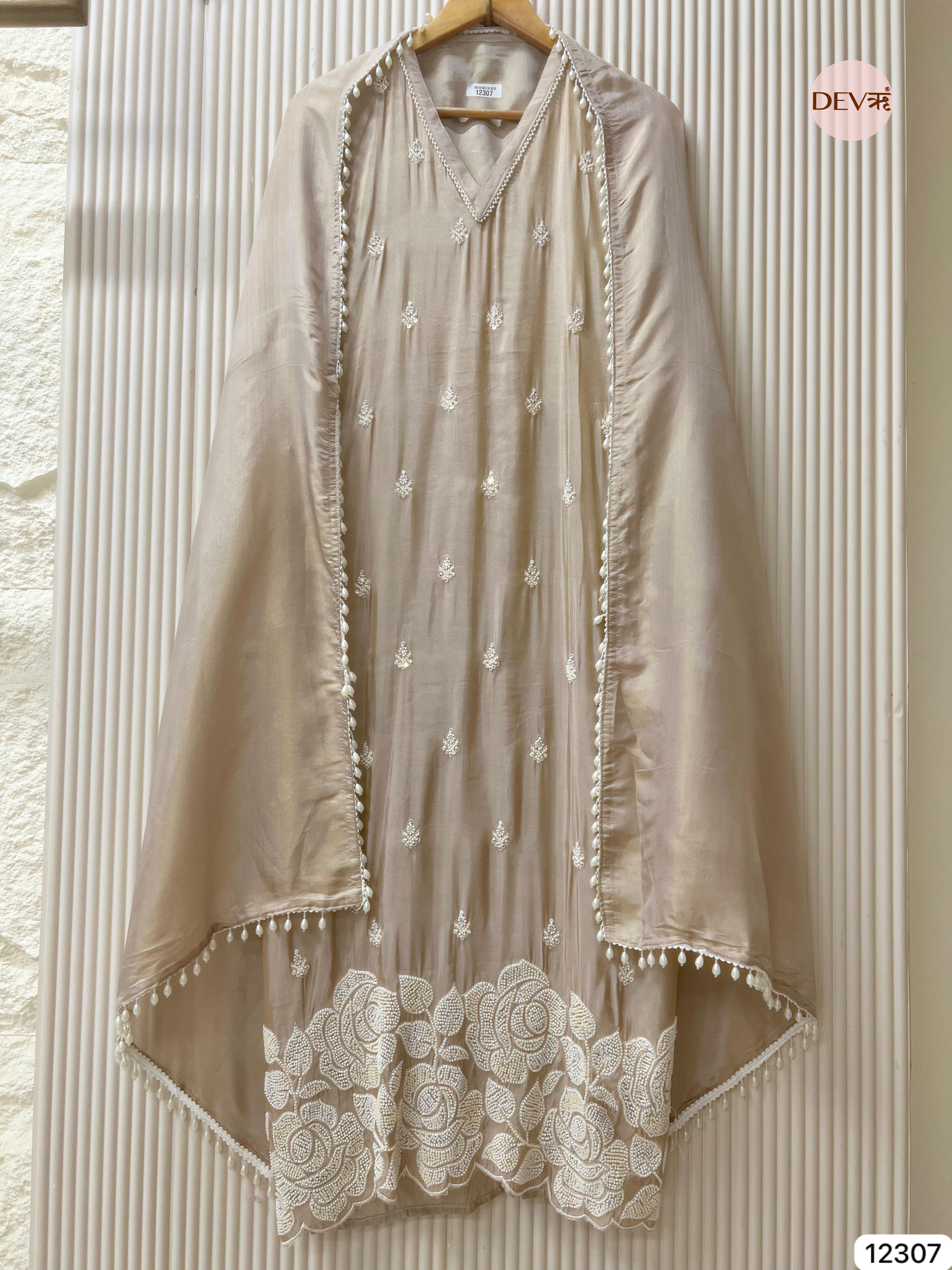 Ivory Beige Shimmer Silk Embroidered Unstitched 3-Piece Suit (Devri – D.No 12307)