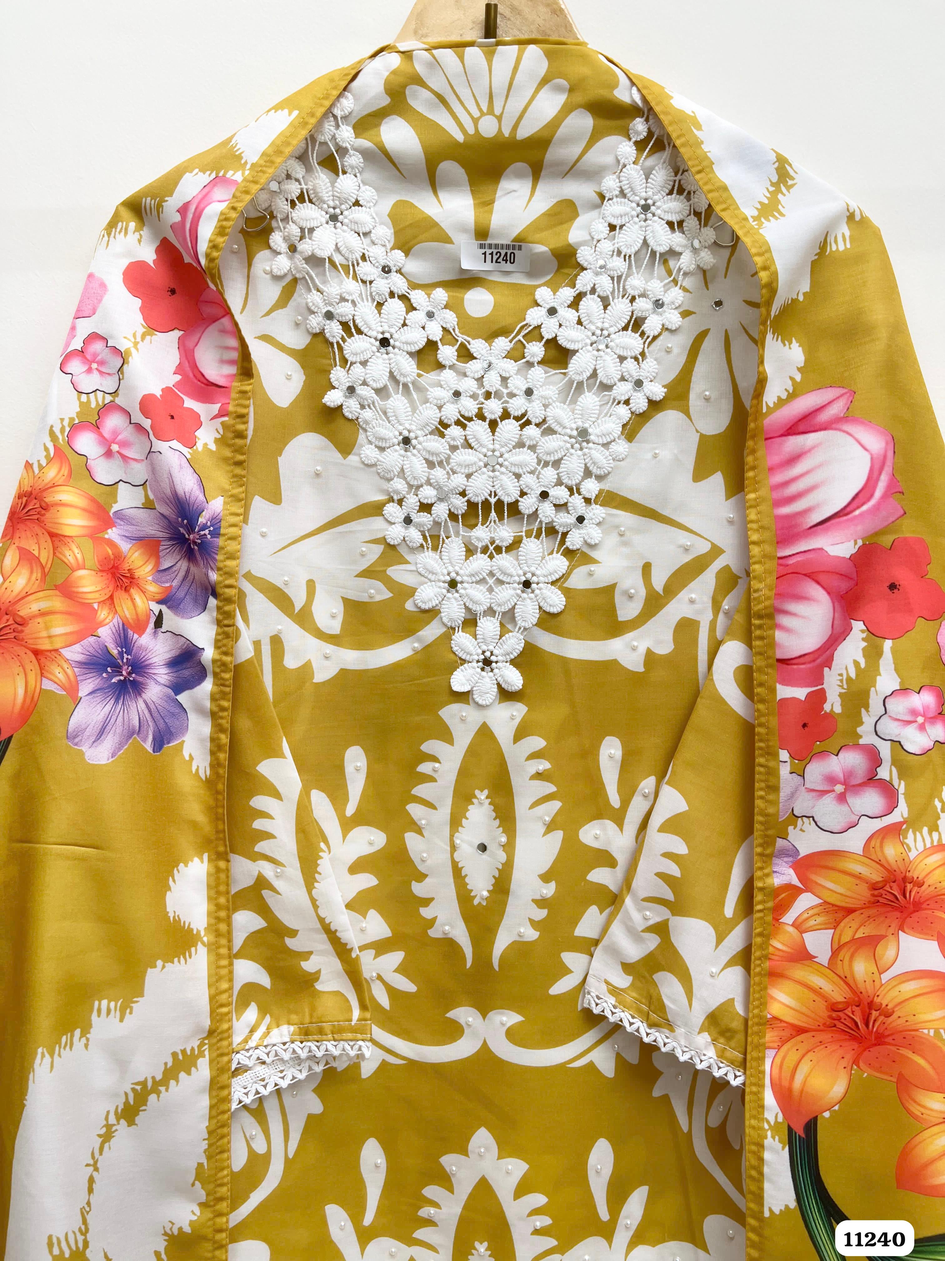 Yellow Muslin Blend Semi Stitched-Set Of 3 {11240}