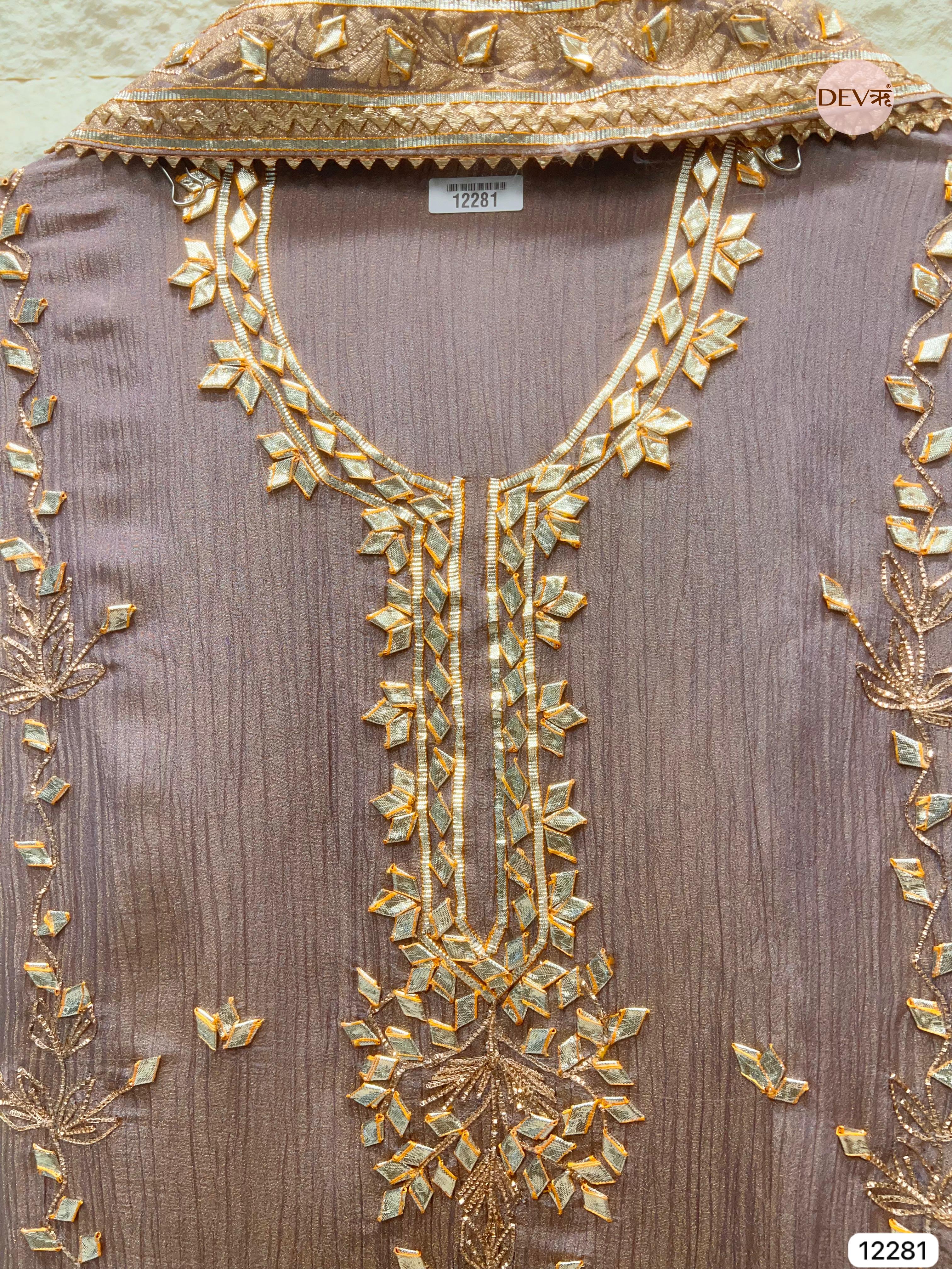 Purple Pure Chinon Unstitched Hand Embroidered -Set Of 3 - {12281}