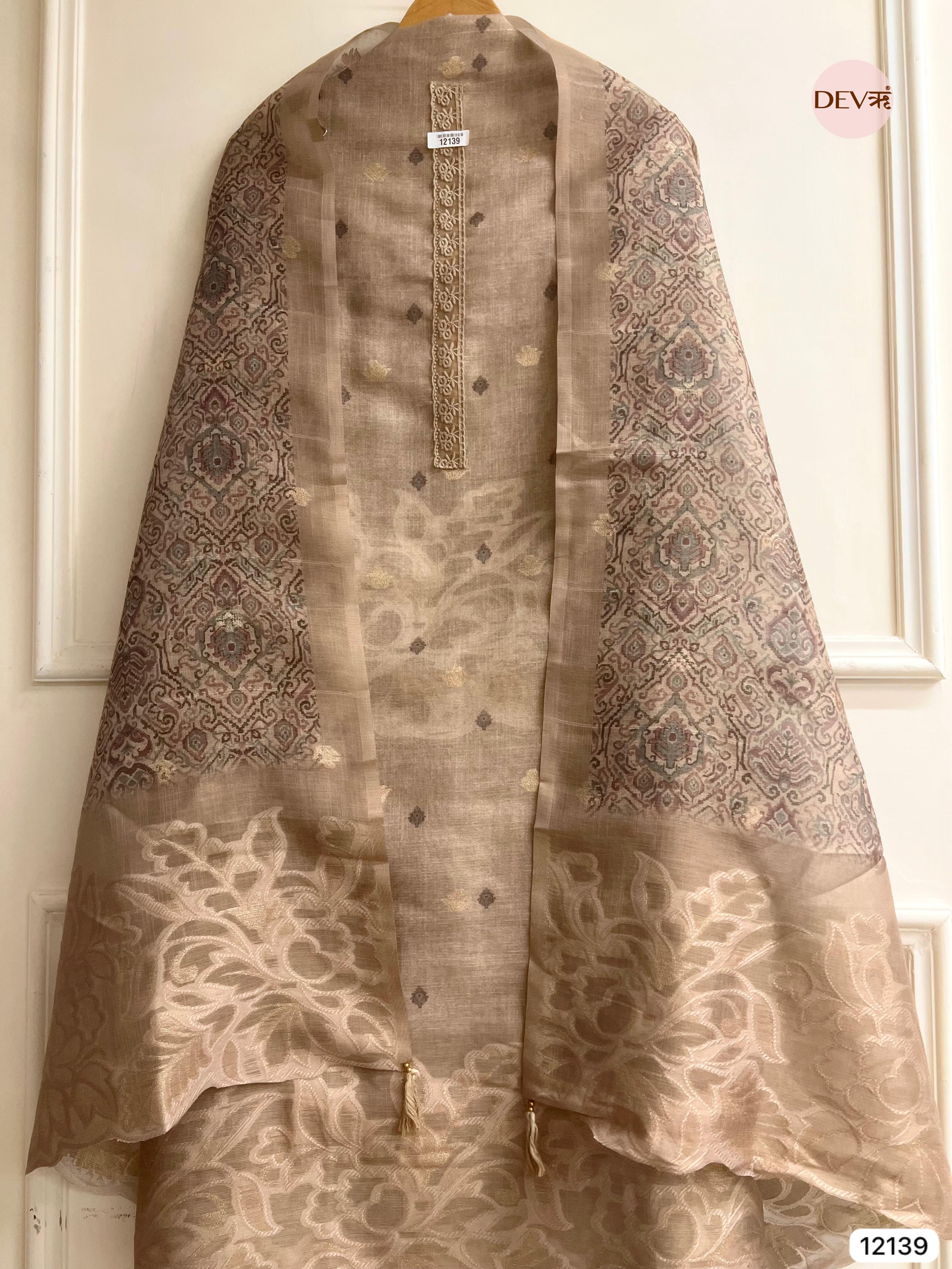 Beige Pure Jamdhani Silk Unstitched Woven Embroidered -Set Of 3 - {12139}
