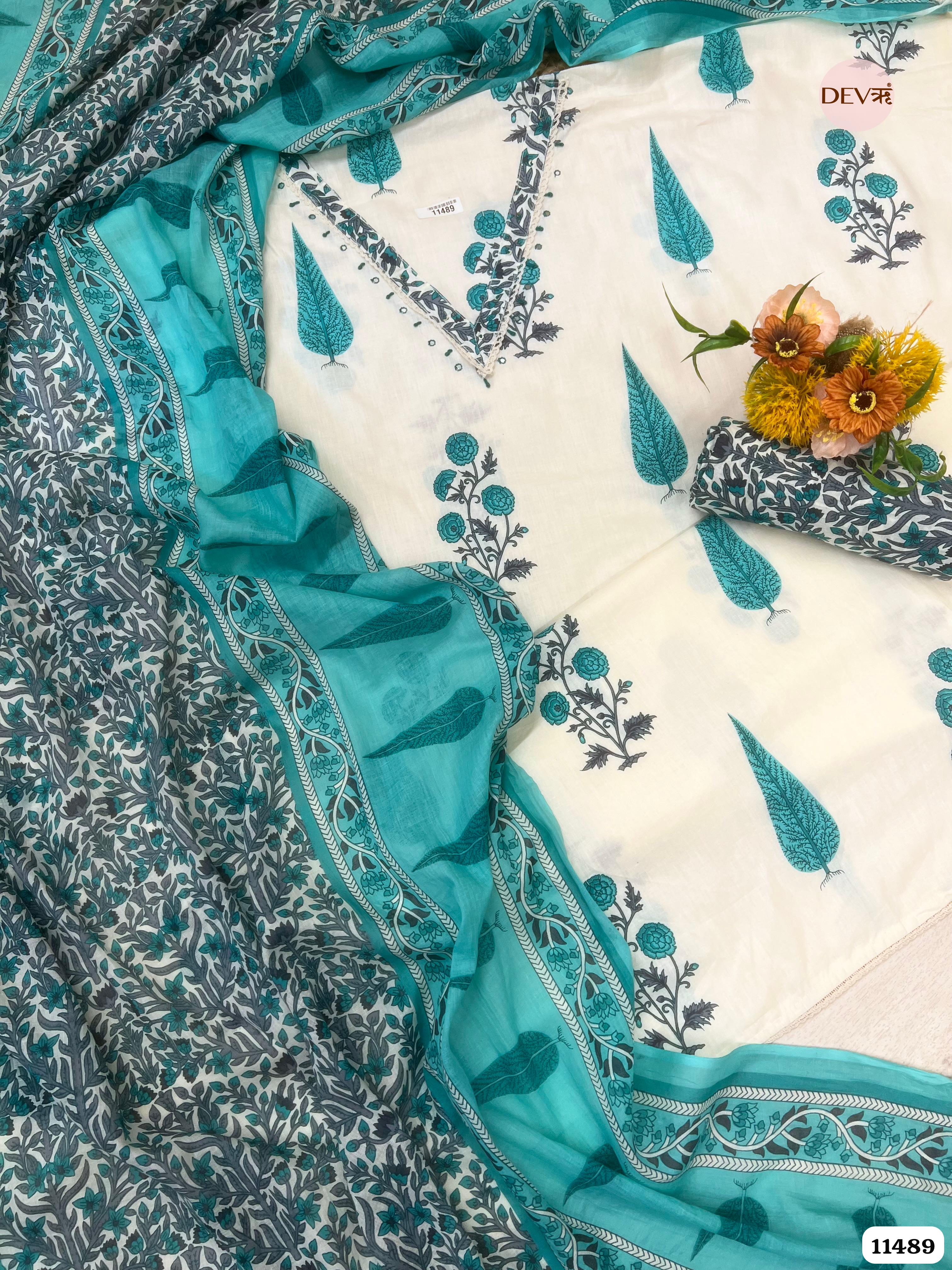 Blue Pure Cotton Unstitched Printed Embroidered -Set Of 3 {11489}