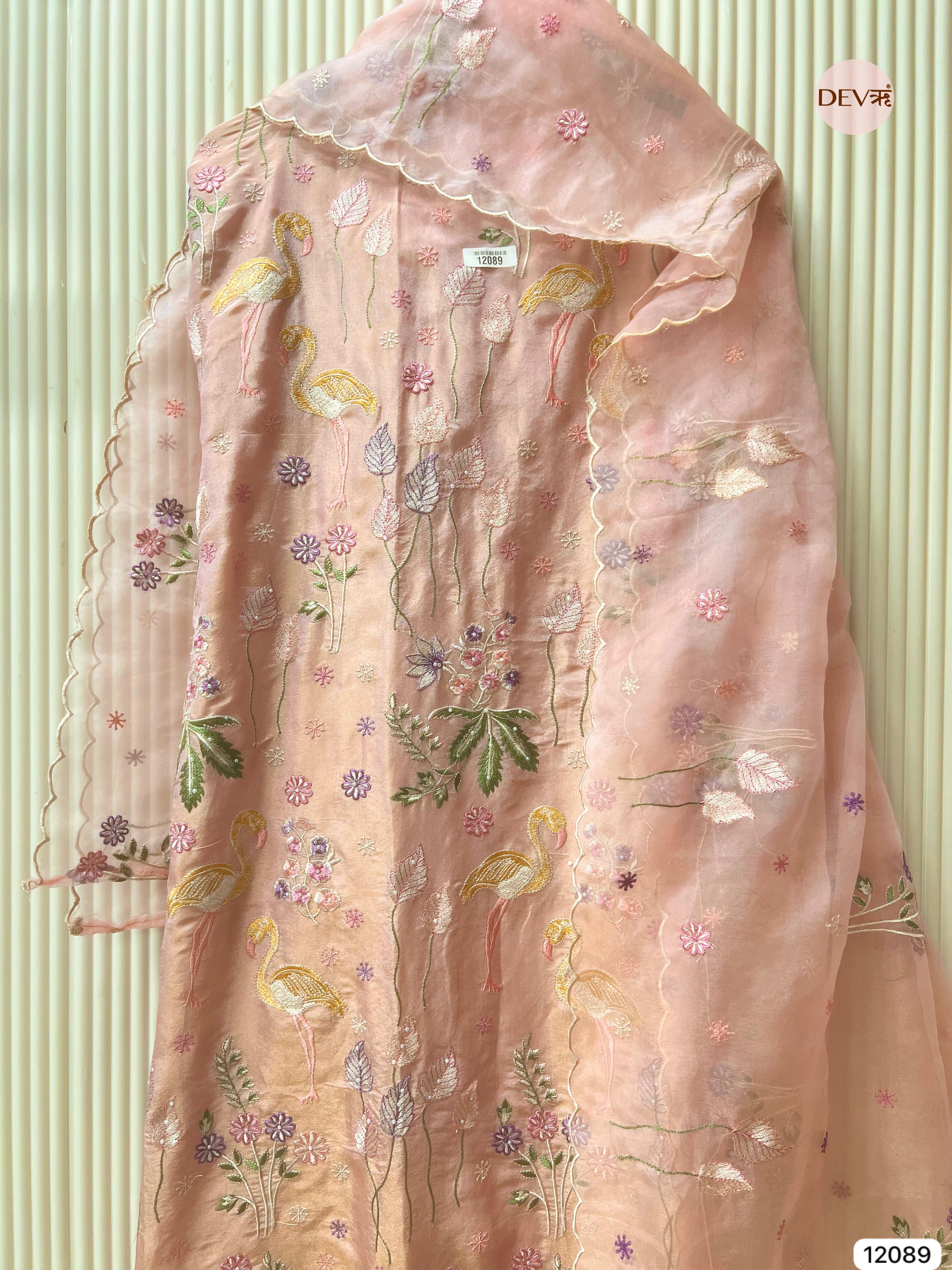 Pink Shimmer Tissue Silk Unstitched Embroidered -Set Of 3- {12089}