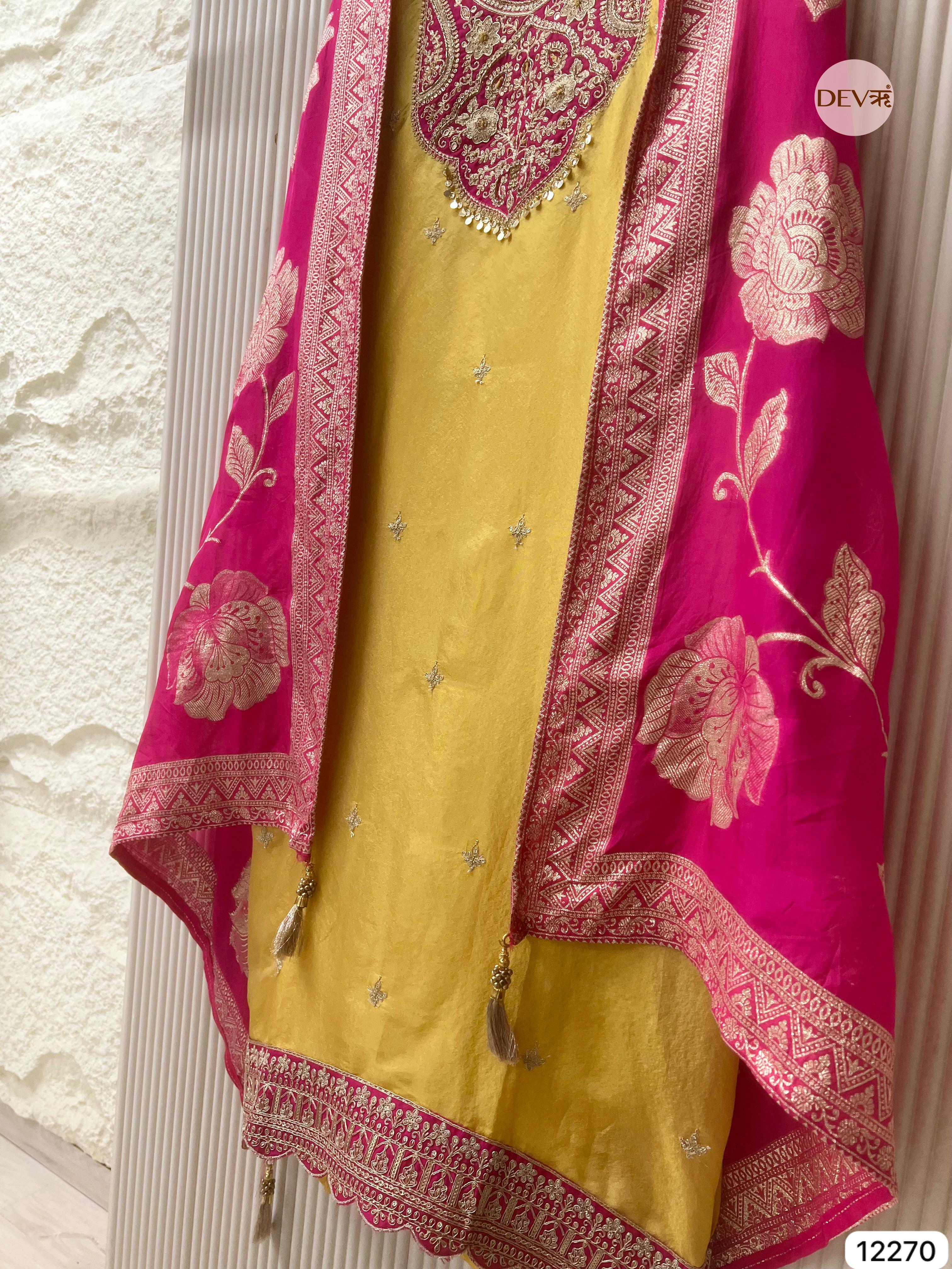 Yellow Shimmer Silk Embroidered Unstitched 3-Piece Suit (Devri – D.No 12270)
