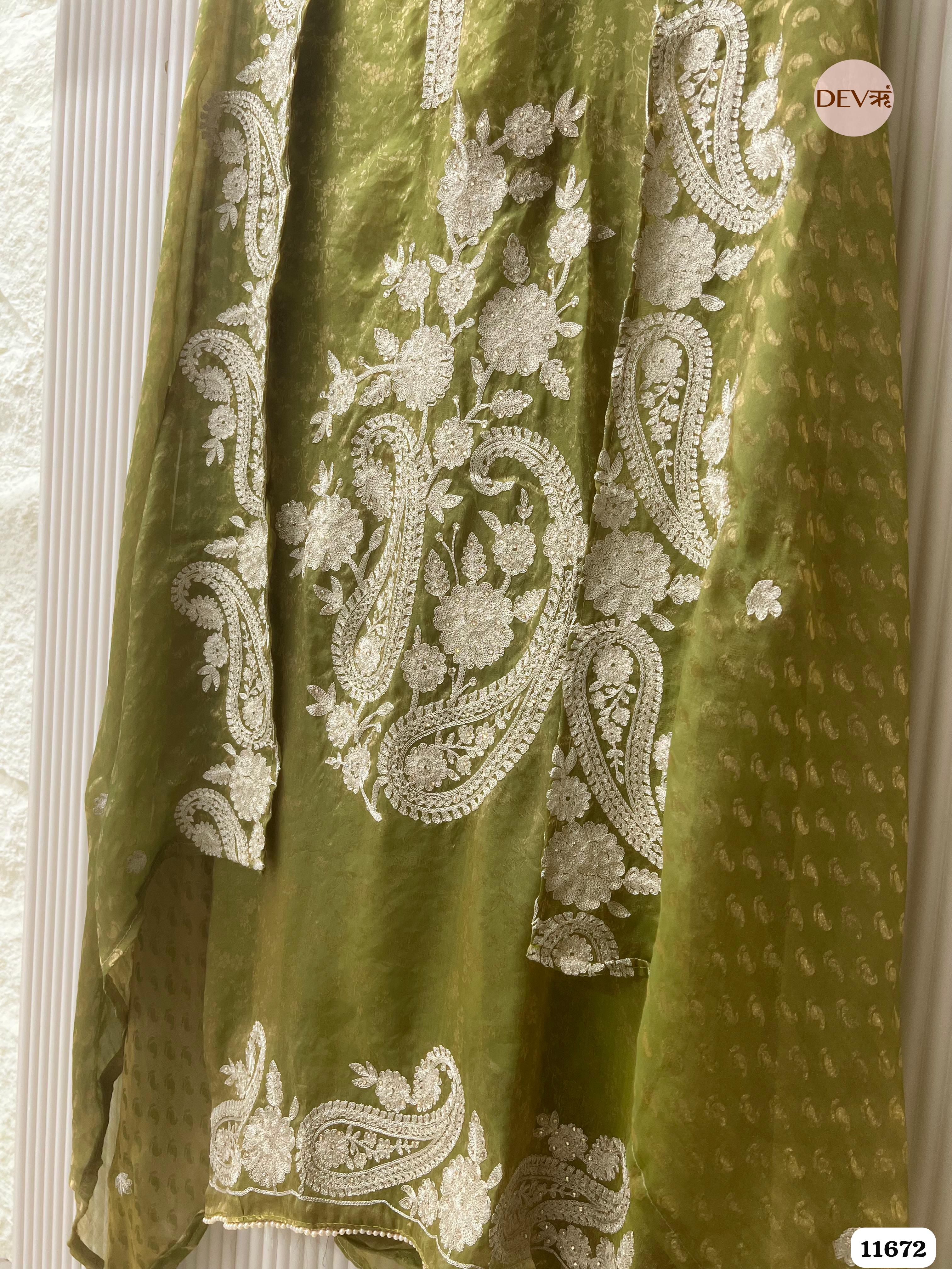 Green Tissue Silk Unstitched Embroidered -Set Of 3 {11672}