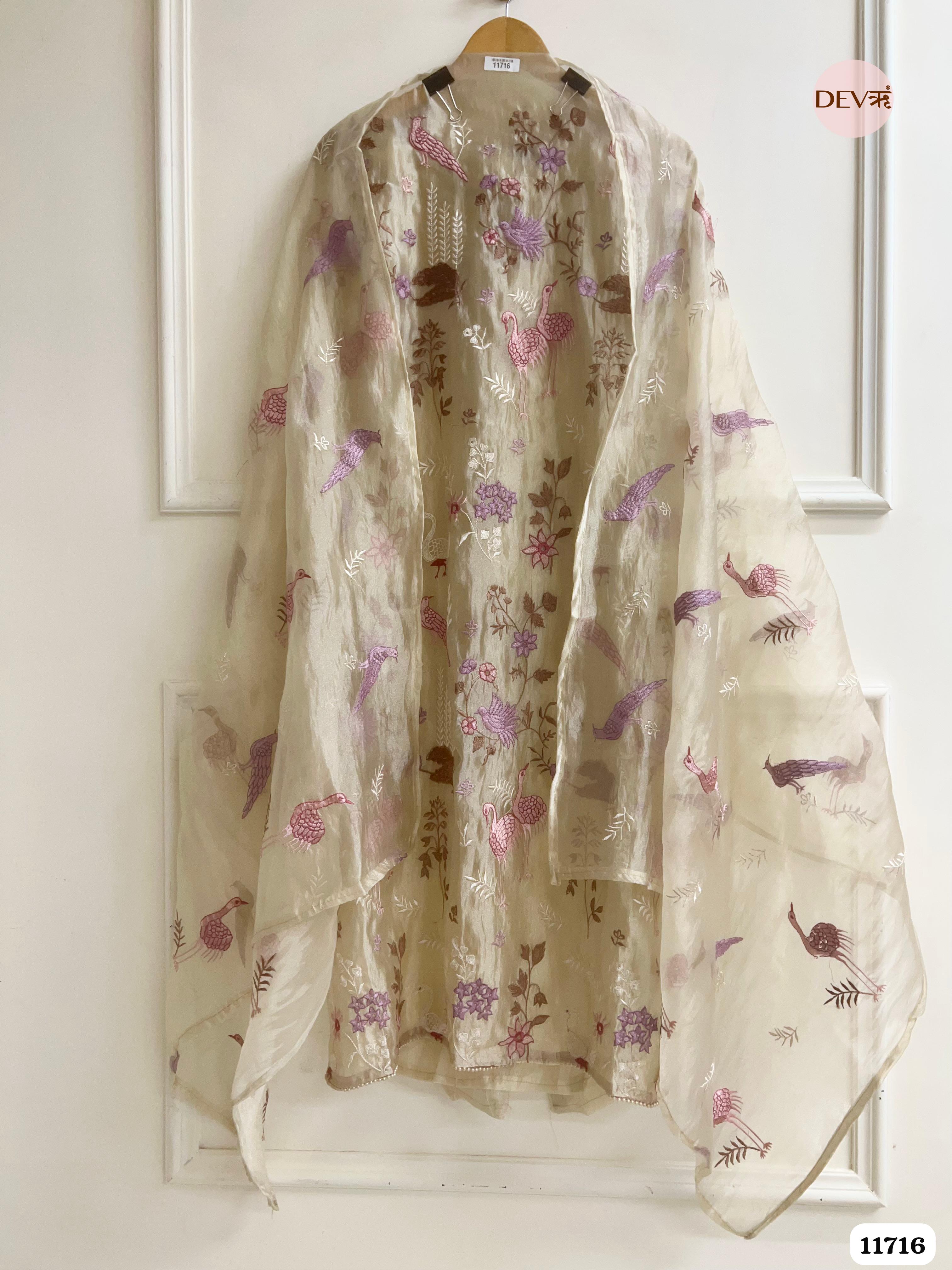 Creamy White Tissue Organza Silk Unstitched Embroidered -Set Of 3 - {11716}