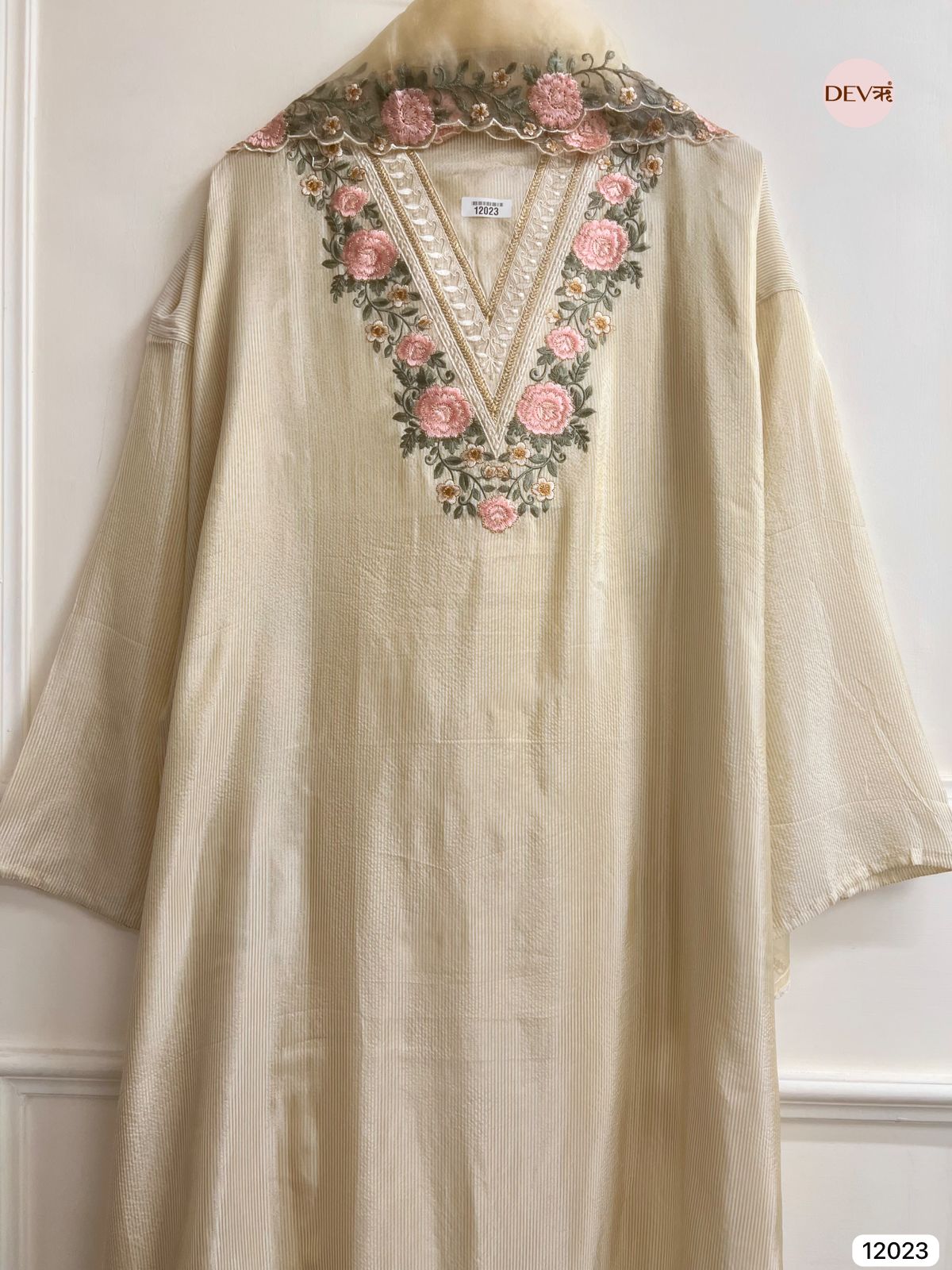 Off White Tissue Shimmer Silk Semi Stitched Embroidered -Set Of 3 - {12023}