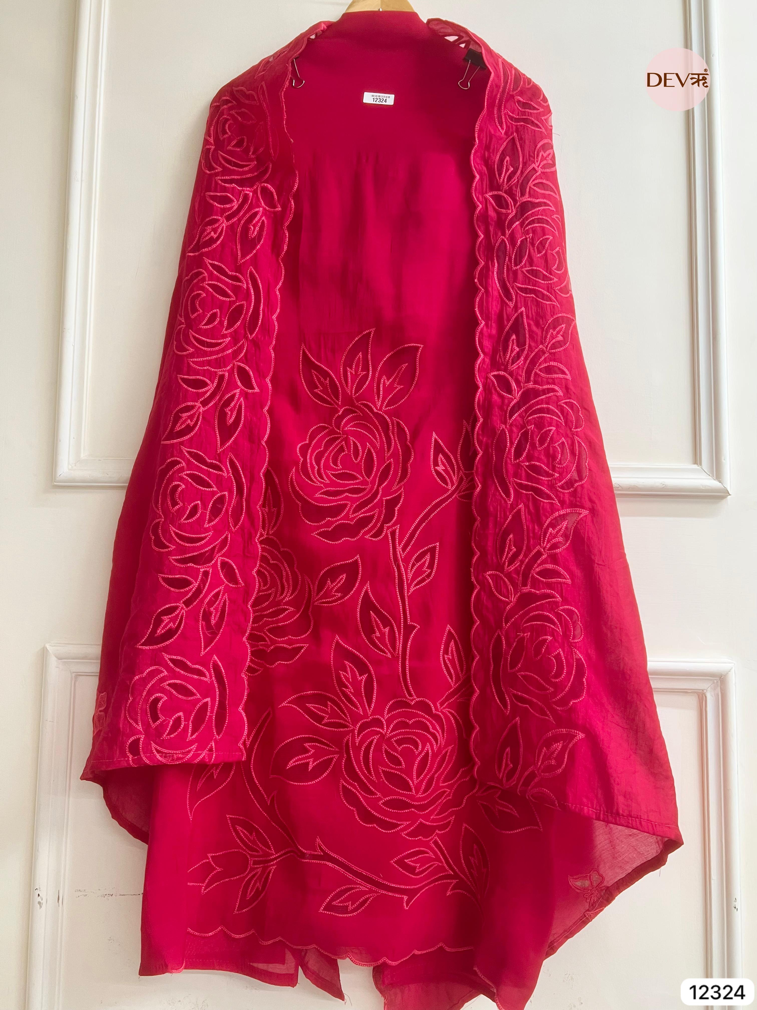Deep Pink Mul Chanderi Embroidered Unstitched 3-Piece Suit (Devri – D.No 12324)