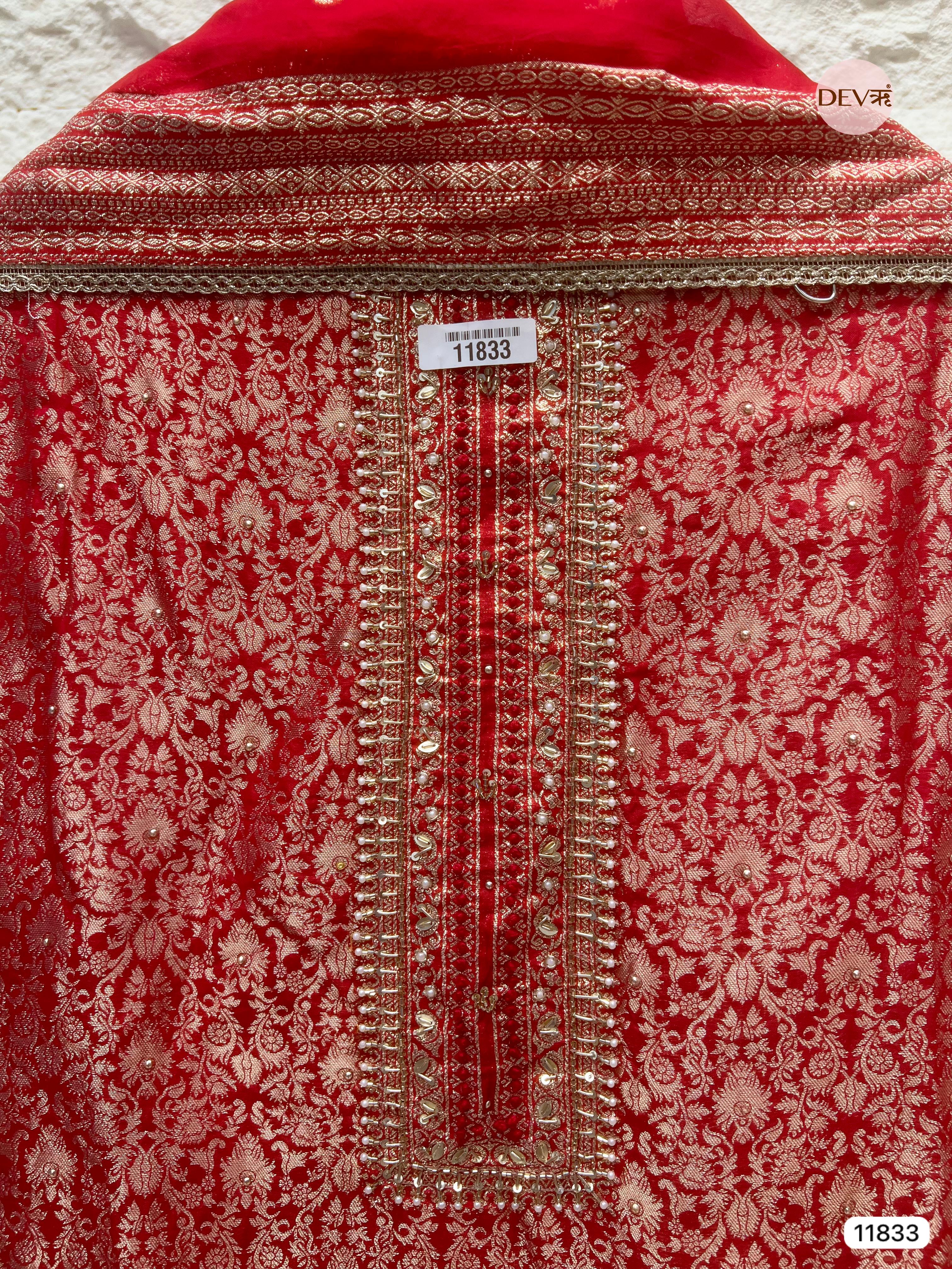 Red Pure Shimmer Tissue Banarasi Woven Silk Unstitched Hand Embroidered -Set Of 3- {11833}