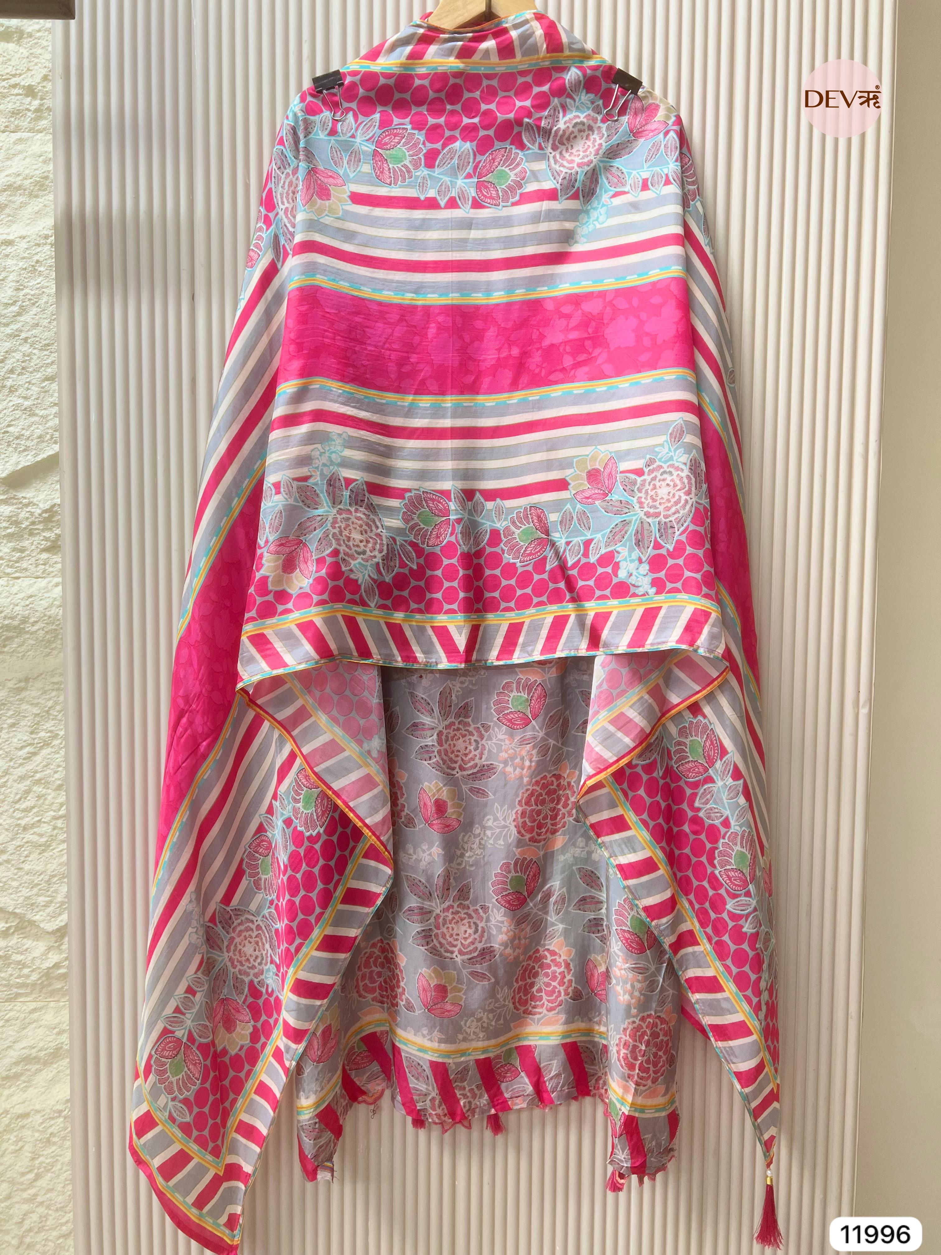 {11996}Pink Pure Organza Silk Semi stitched Printed Embroidered -Set Of 3