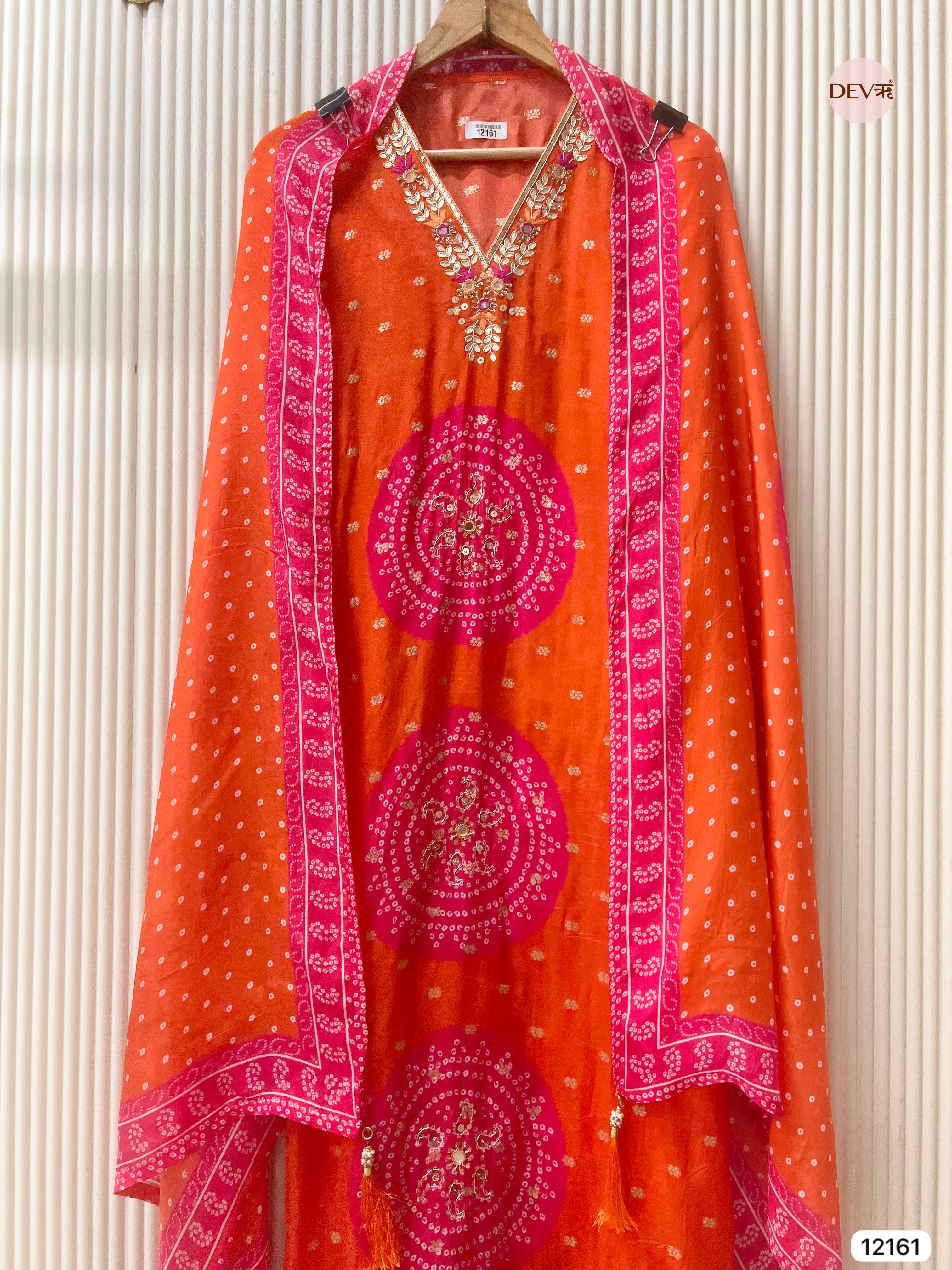 Orange Pure Shimmer Organza Silk Unstitched Banarasi Woven Bandhani Printed Hand Embroidered -Set Of 3 - {12161}