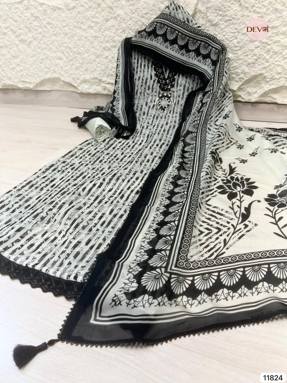 Black Ivory Organza Embroidered Unstitched 3-Piece Suit (Devri – D.No 11824)