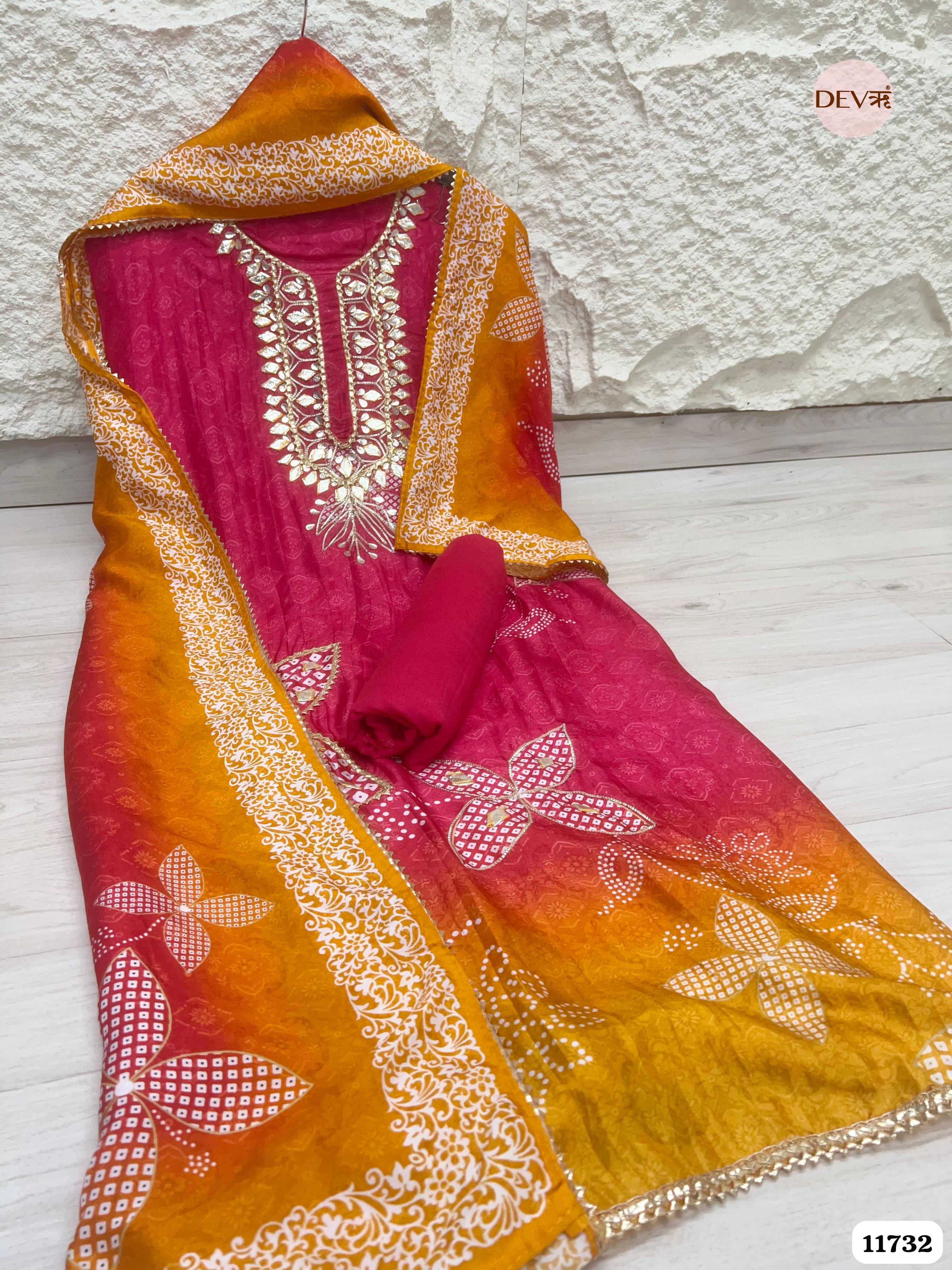 Rani Pink Russian Silk Semi Stitched Printed Hand Embroidered -Set Of 3- {11732}