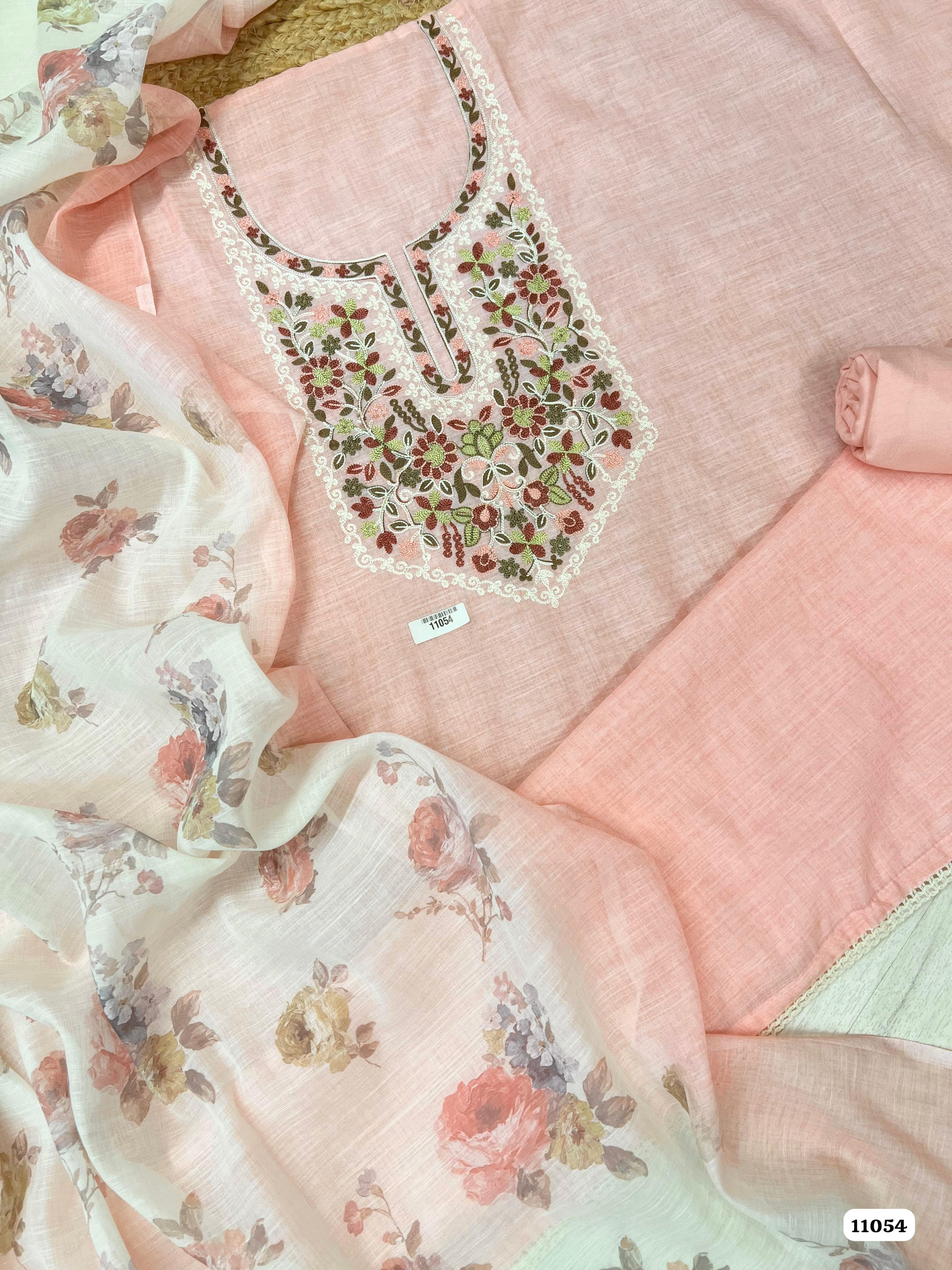 Pink Khadi Cotton Unstitched Embroidered -Set Of 3 {11054}