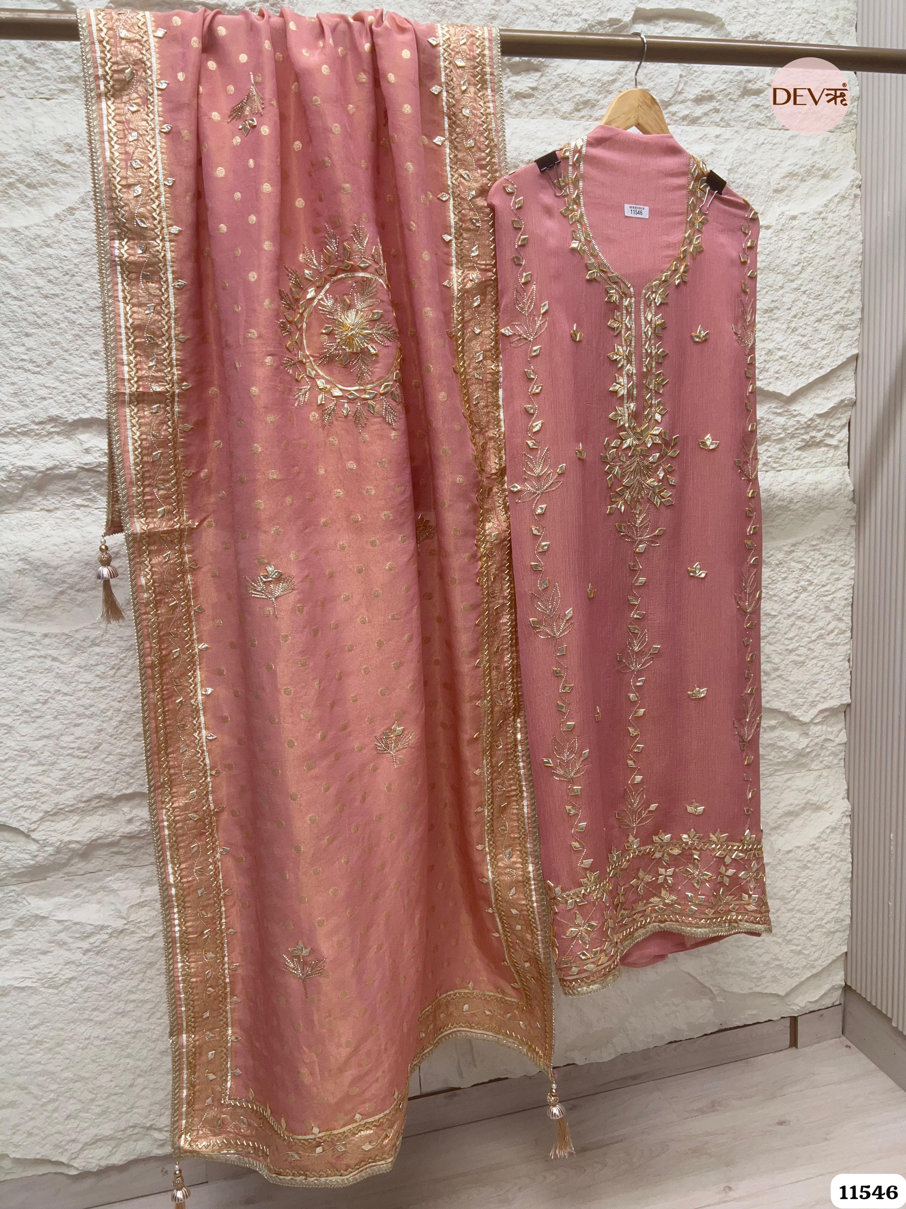 Pink Pure Chino Unstitched Hand Embroidered -Set Of 3 {11546}