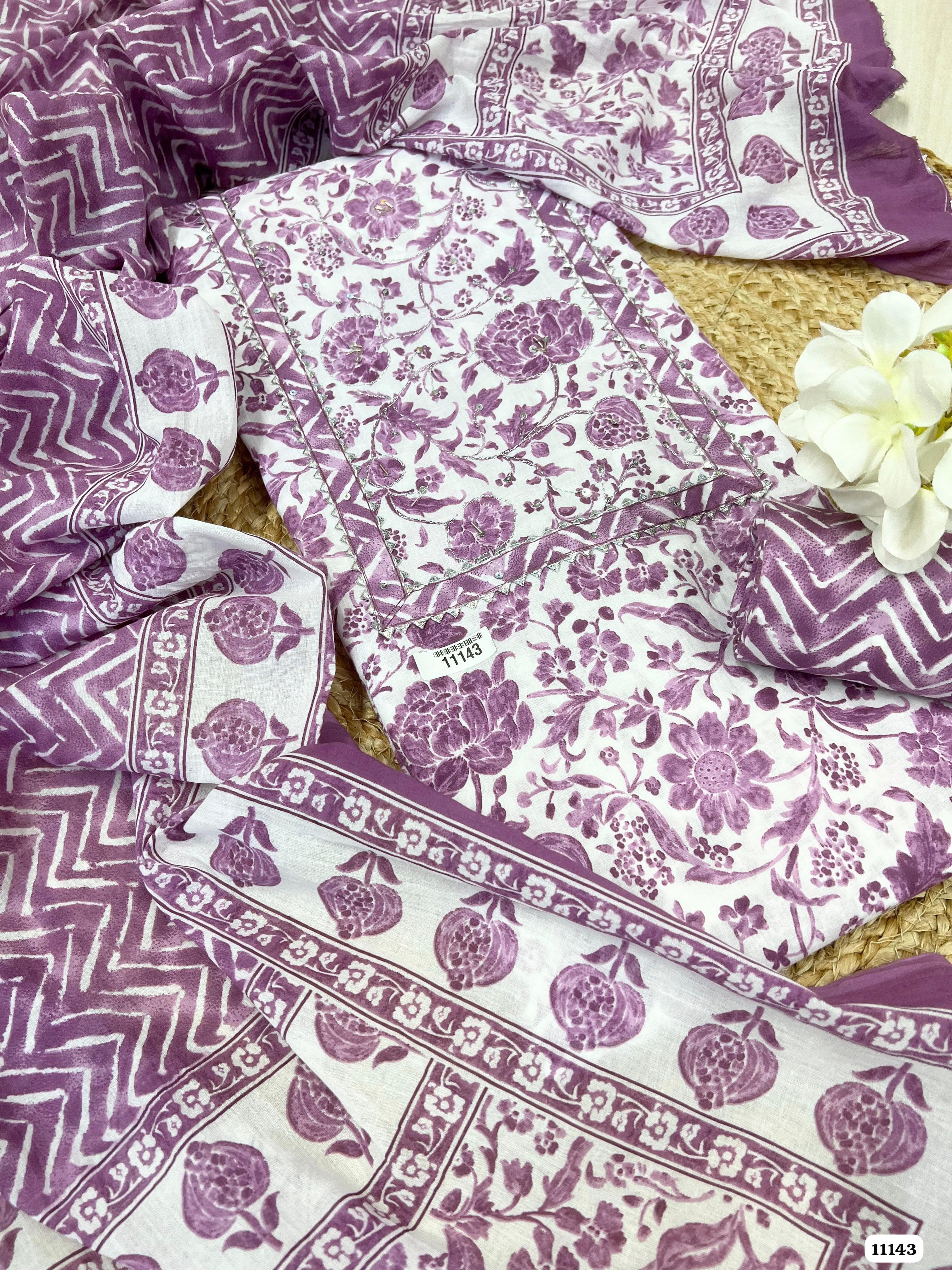Purple Cotton Printed Unstitched Hand Embidered -Set Of 3 {11143}