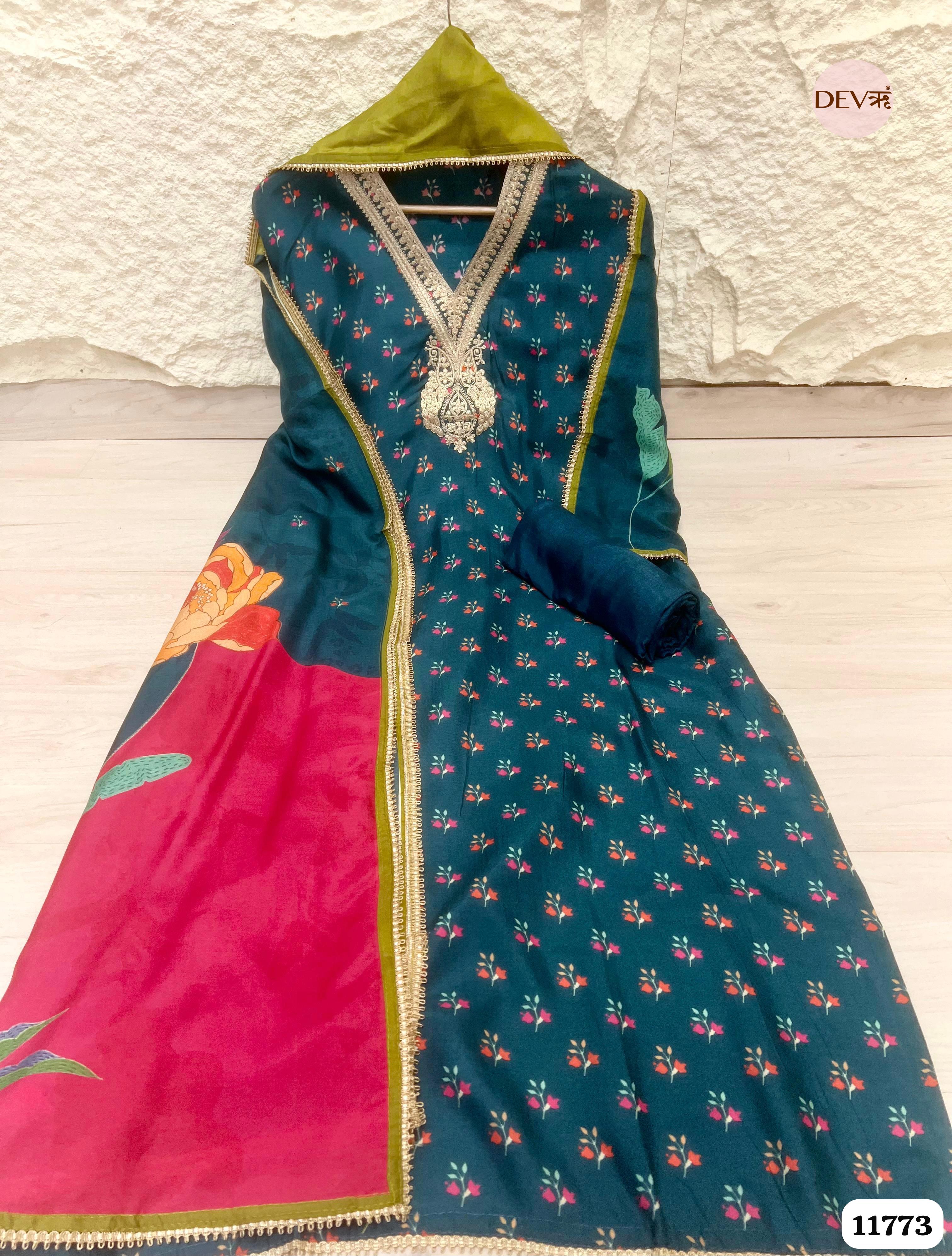 Royal Blue Russian Silk Unstitched Printed Embroidered -Set Of 3 {11773}