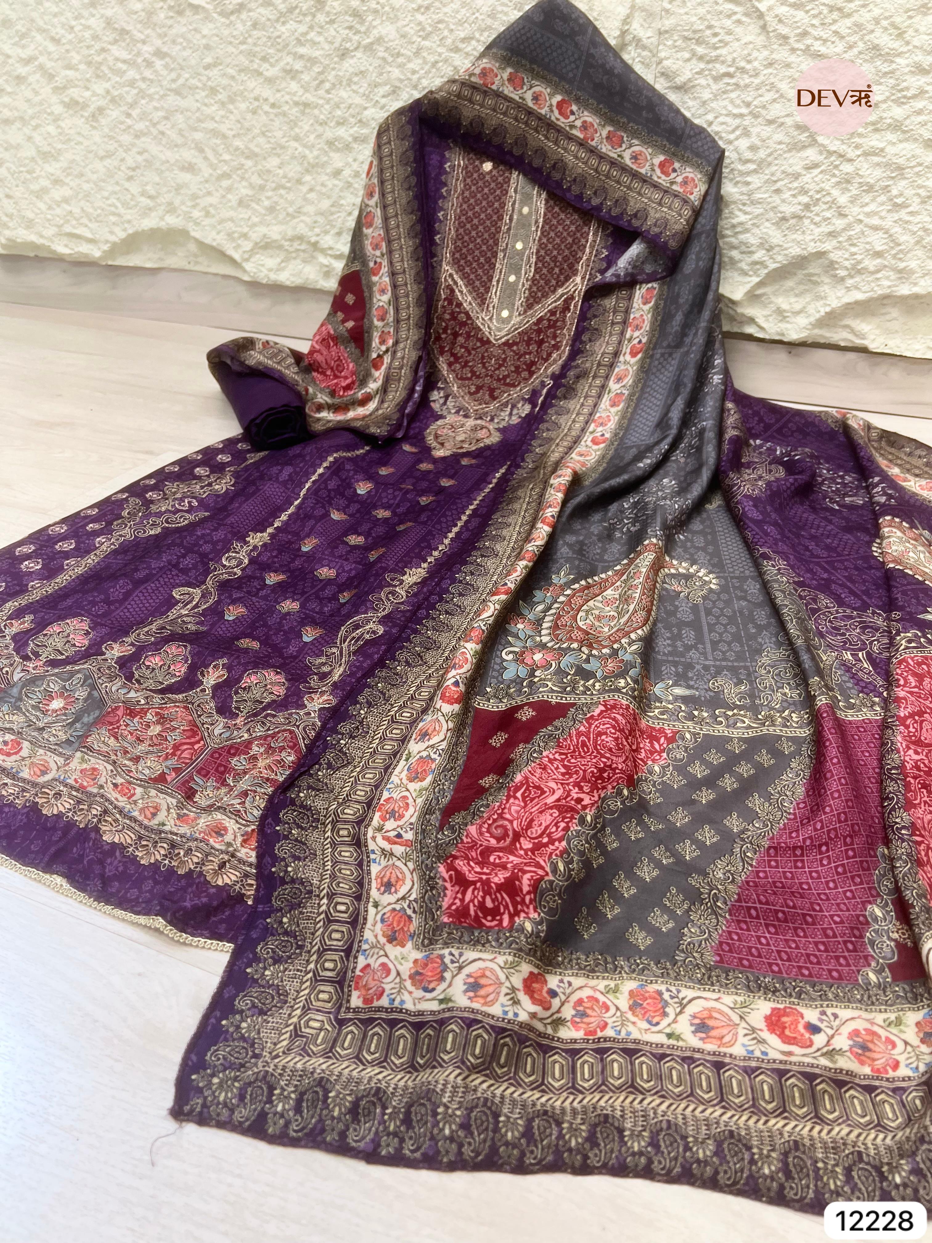 Purple Pure Muslin Printed Unstitched 3-Piece Suit (Devri – D.No 12228)