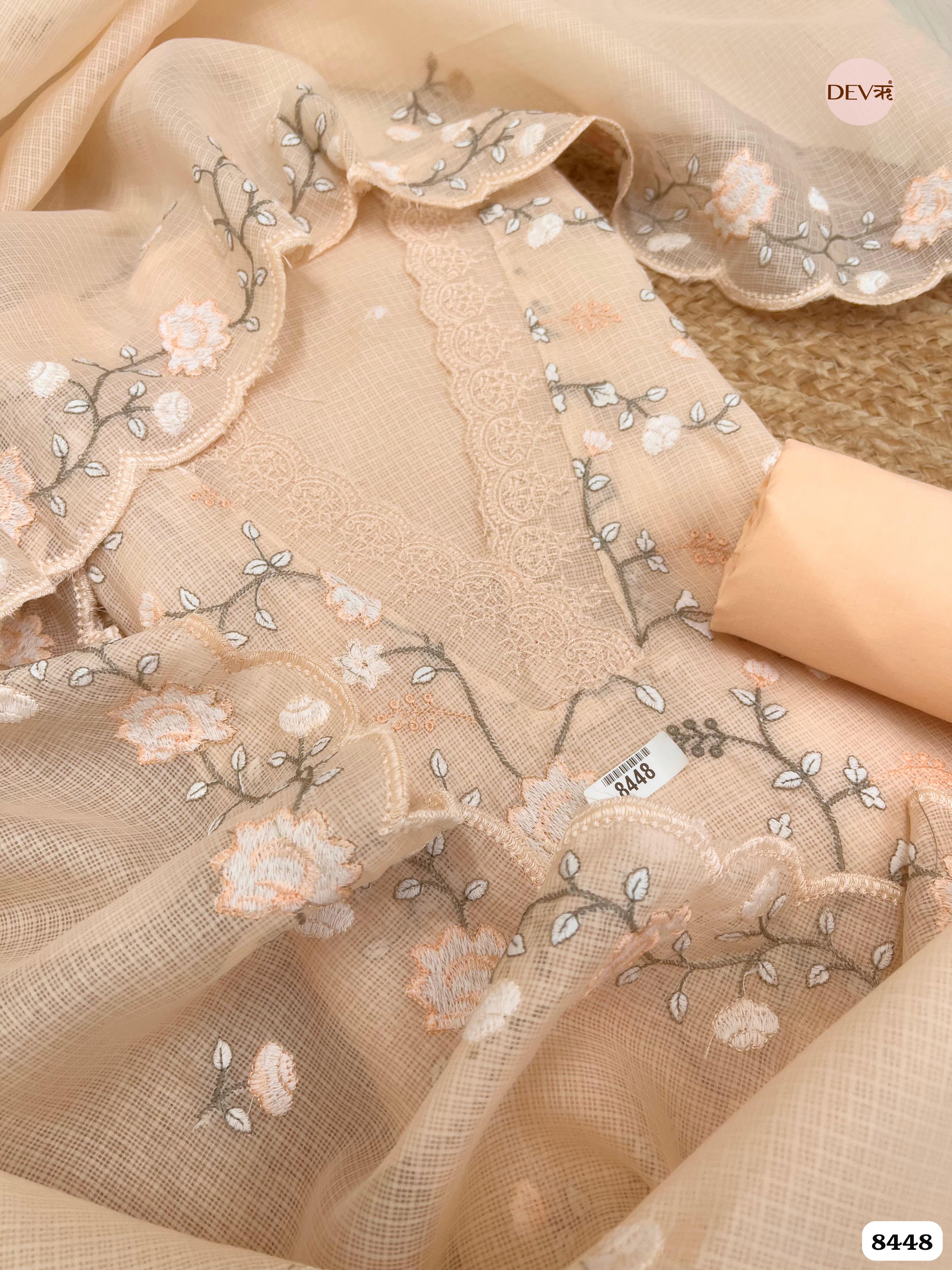 Cream Kota Cotton Unstitched Embroidered -Set Of 3 - {8448}