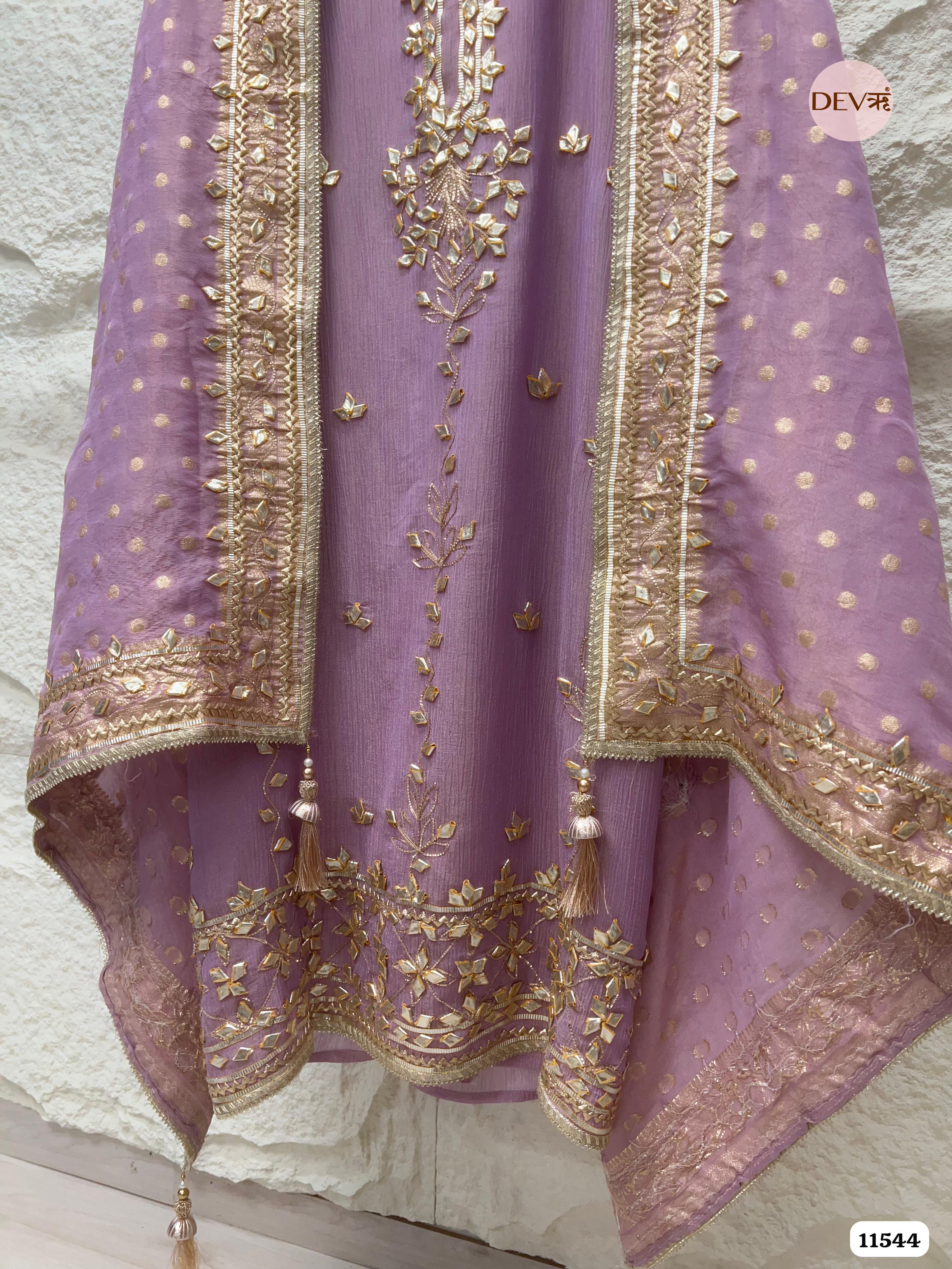 Purple Pure Chinon Unstitched Hand Embroidered -Set Of 3 {11544}