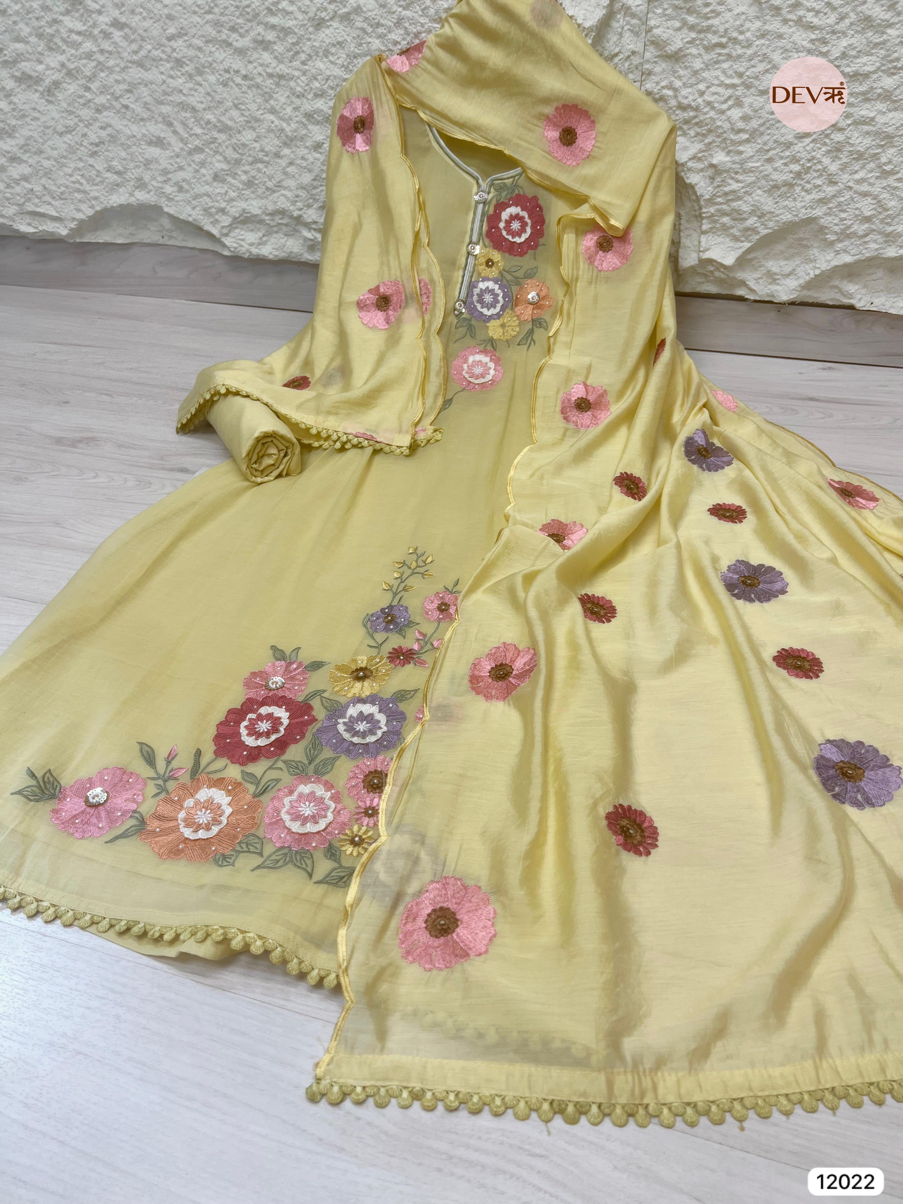 Yellow Pure Mul Chanderi Unstitched Embroidered -Set Of 3 - {12022}