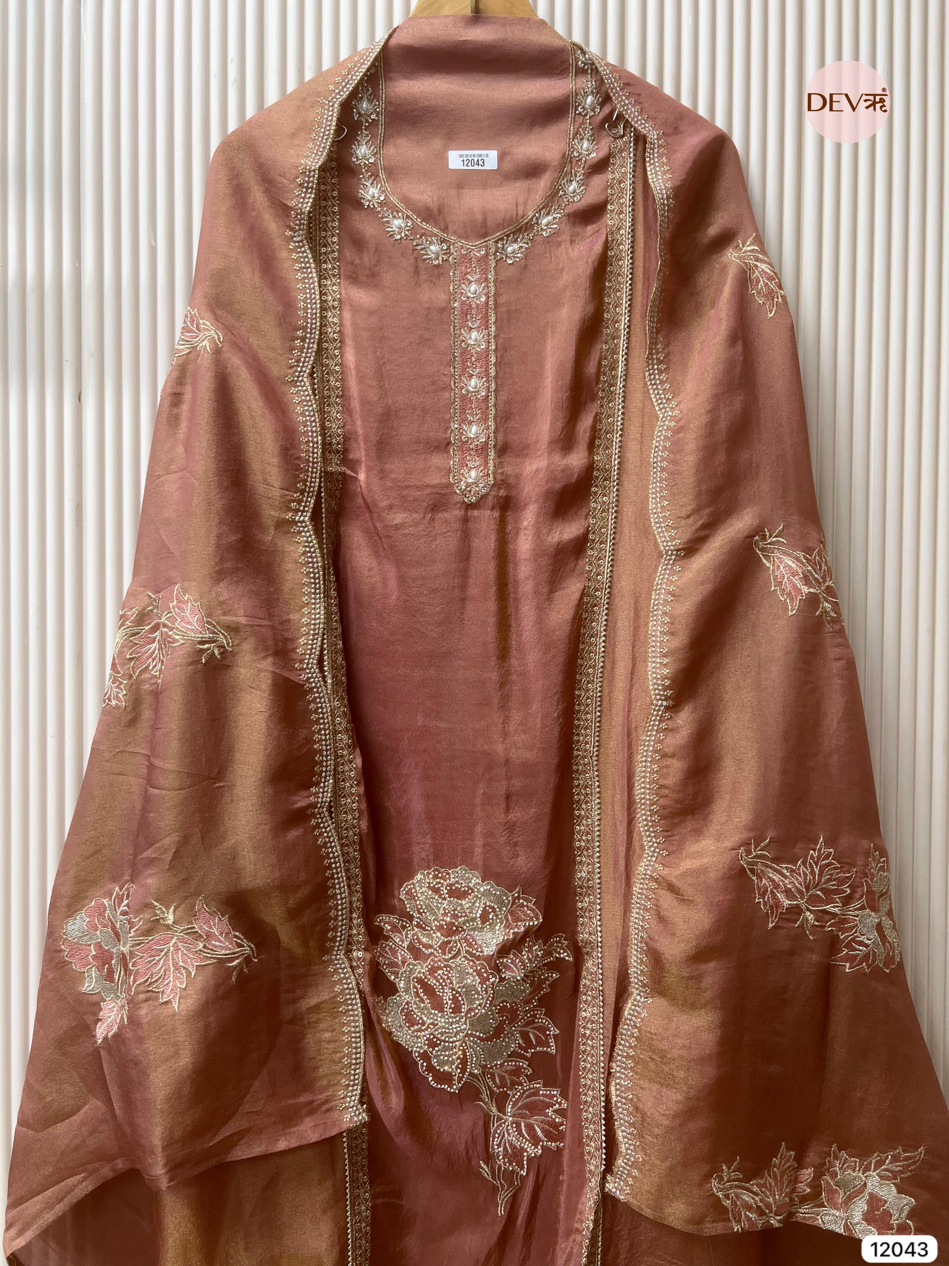 Brown Tissue Shimmer Silk Unstitched Hand Embroidered -Set Of 3 - {12043}