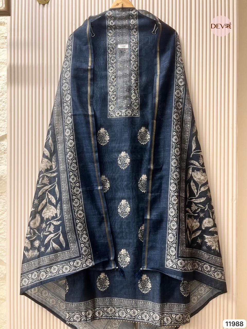 Navy Mul Chanderi Printed Unstitched 3-Piece Suit (Devri – D.No 11988)