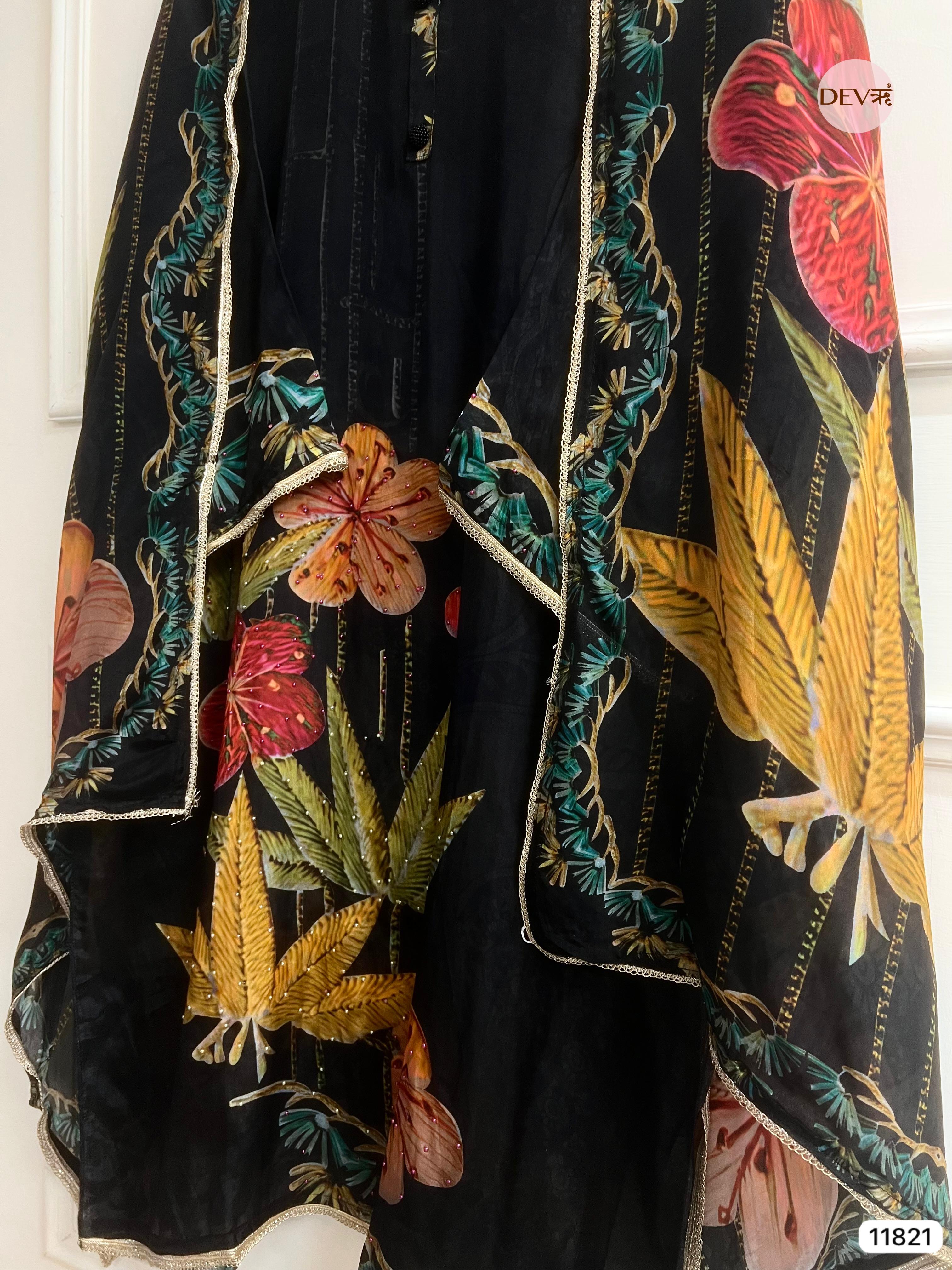 Black Organza silk Semi Stitched Printed Hand Embroidered -Set Of 3 - {11821}