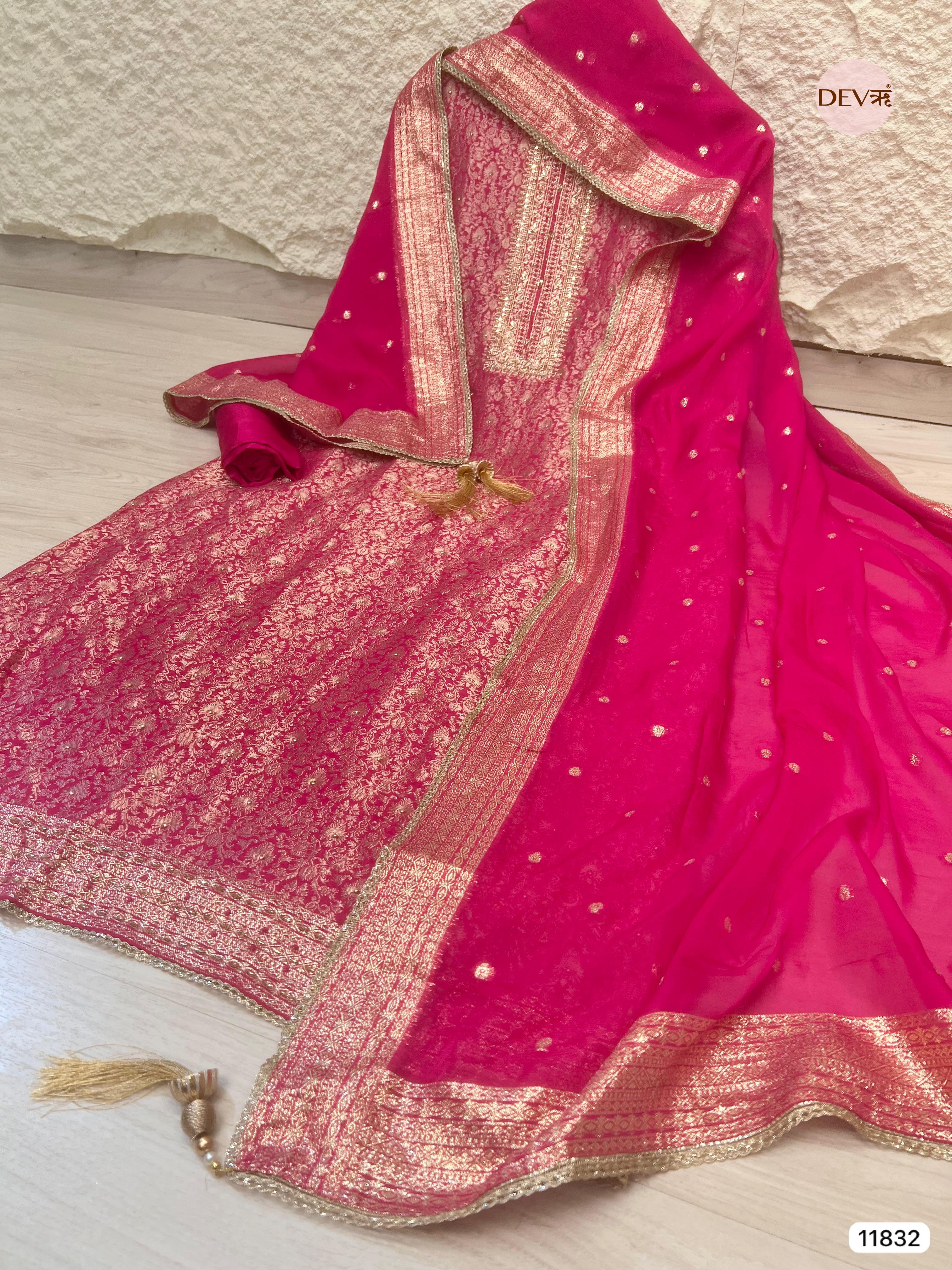 Pink Pure Shimmer Tissue Banarasi Woven Silk Unstitched Hand Embroidered -Set Of 3- {11832}