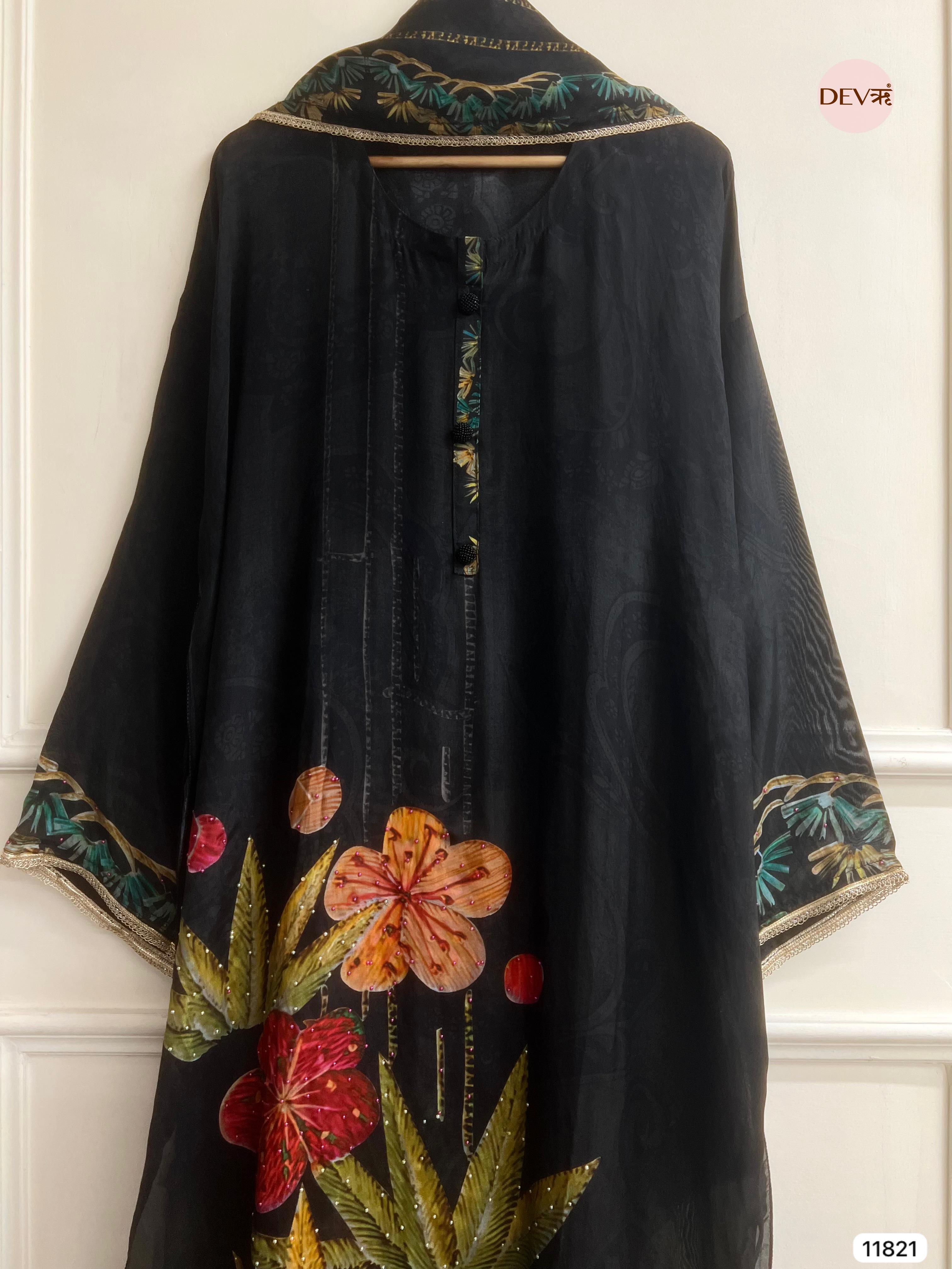 Black Organza silk Semi Stitched Printed Hand Embroidered -Set Of 3 - {11821}