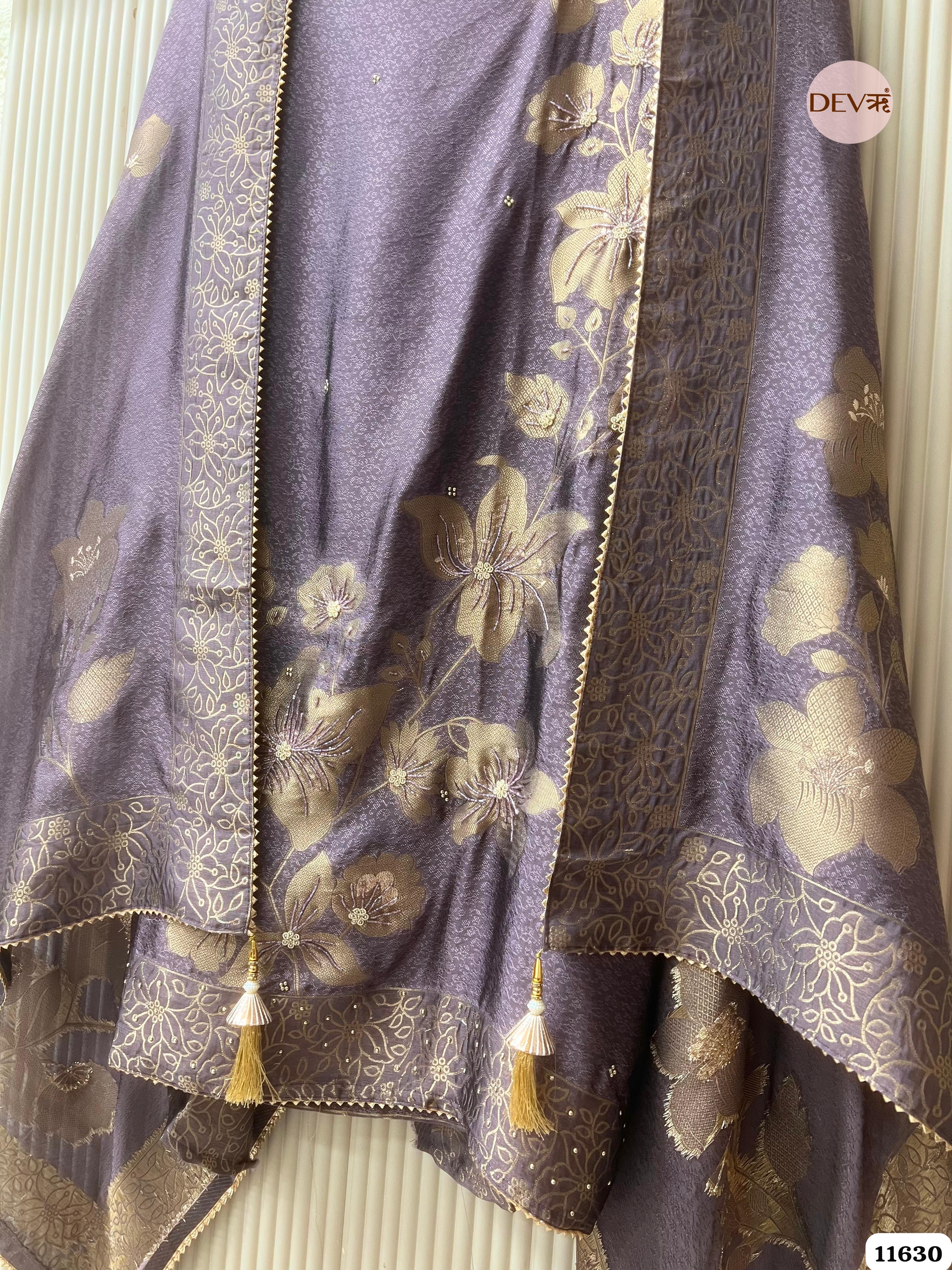 Purple Pure Dola Silk Banarasi Woven Unstitched Hand Embroidered -Set Of 3 {11630}