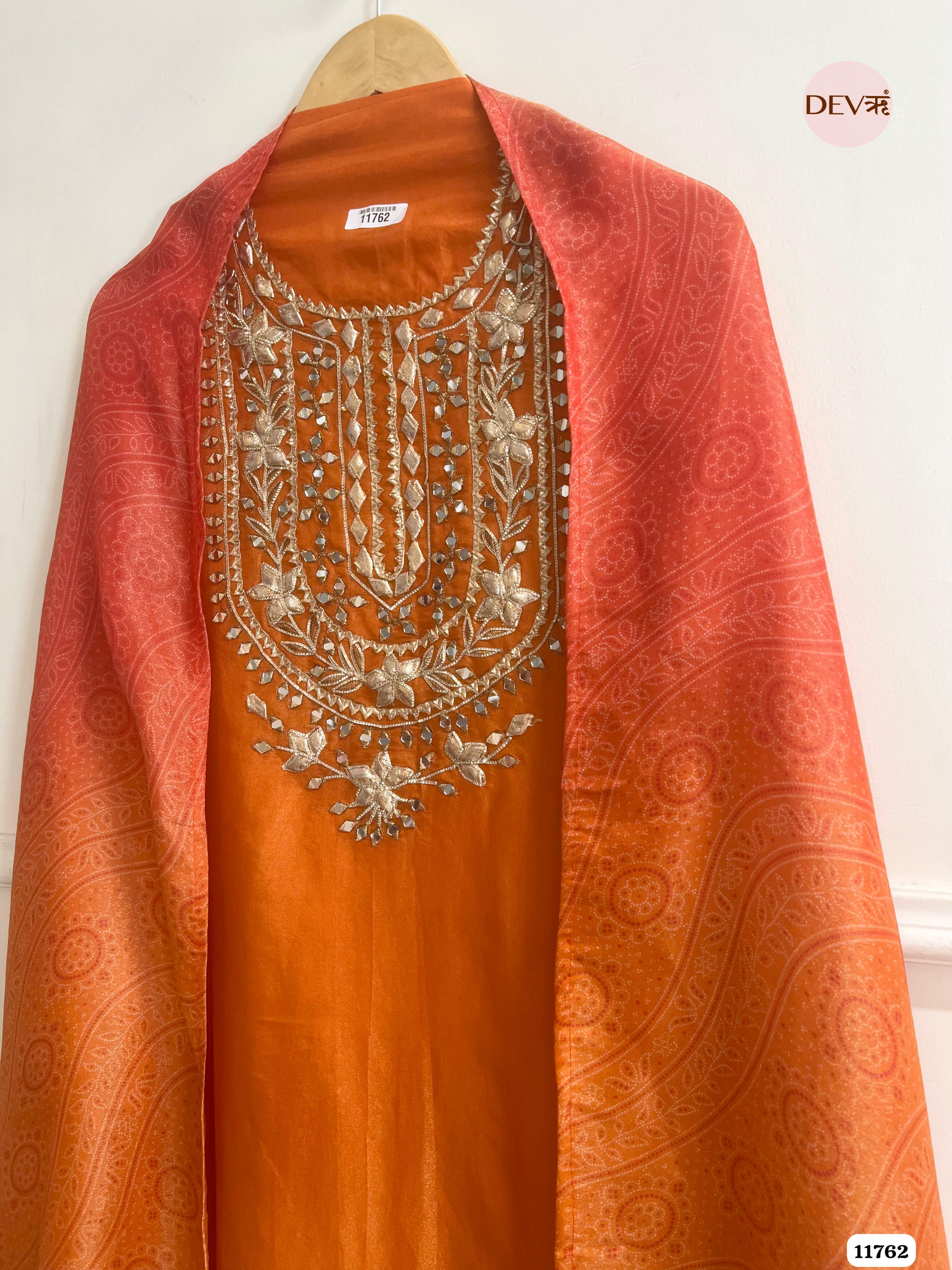 Orange Tissue Silk Unstitched hand Embroidered -Set Of 3