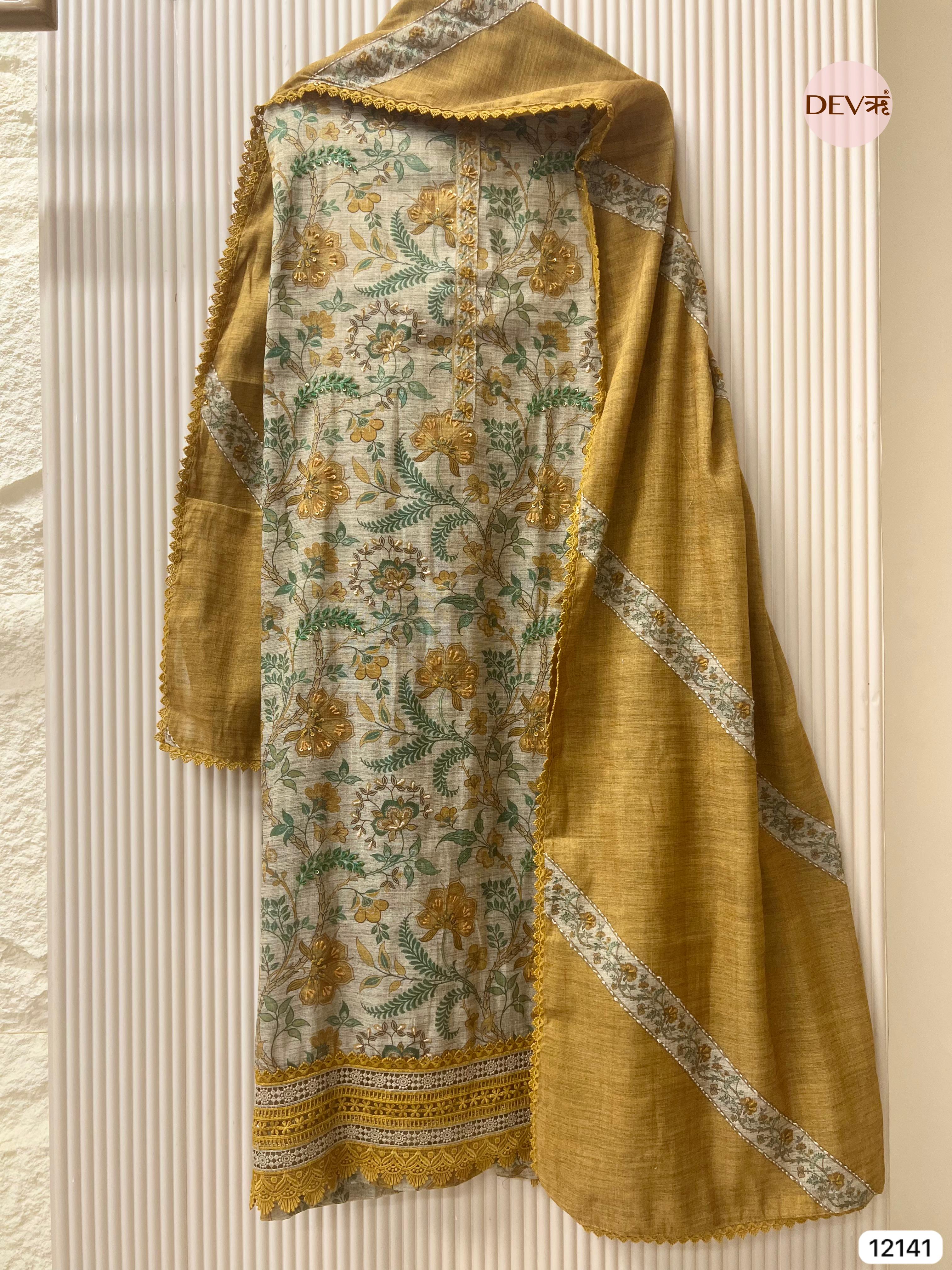 Mustard Yellow Pure Khadi Silk Unstitched Printed - Set Of 3 - {12141}