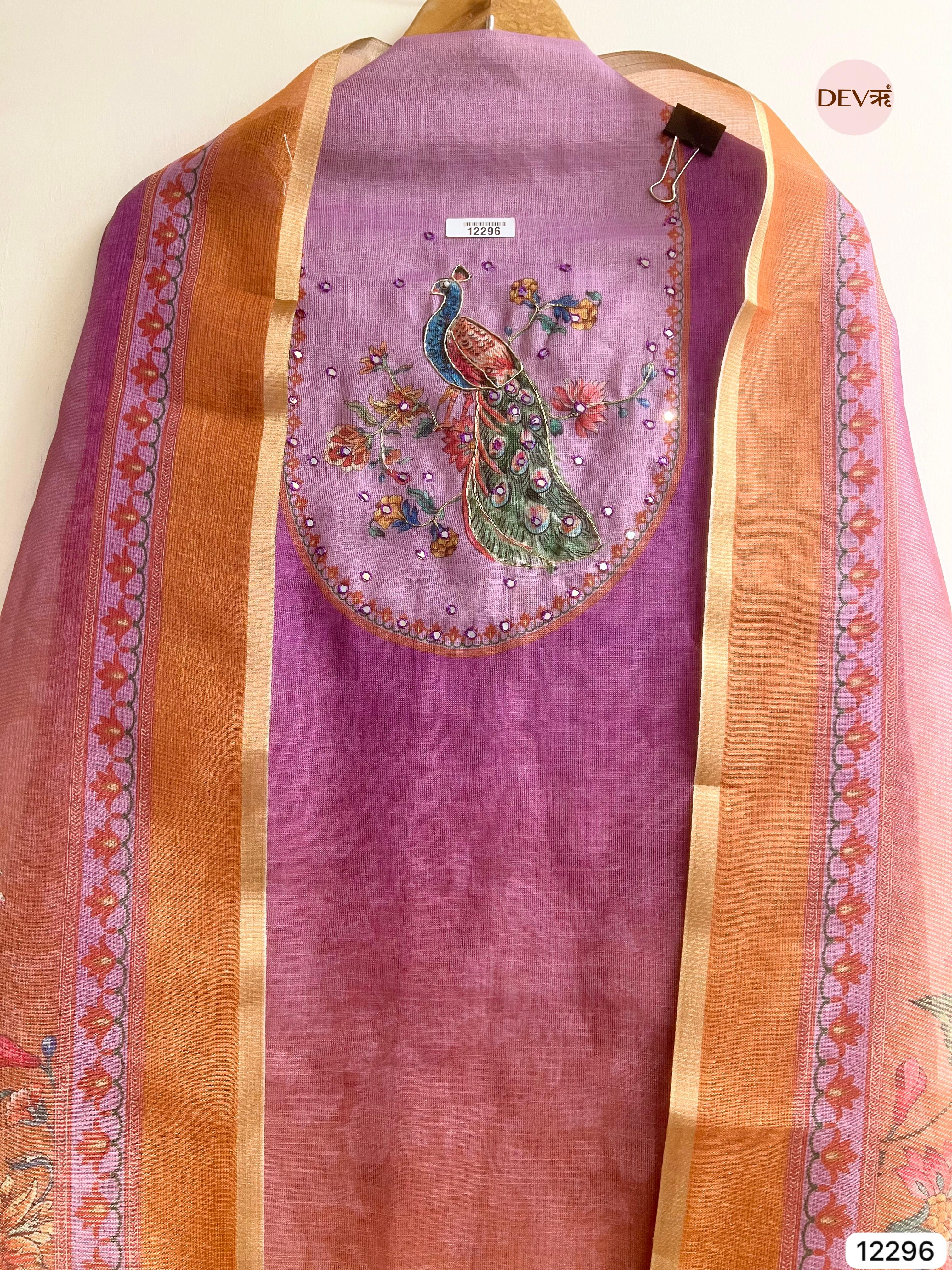 Lavender Peach Linen Printed Unstitched 3-Piece Suit (Devri – D.No 12296)