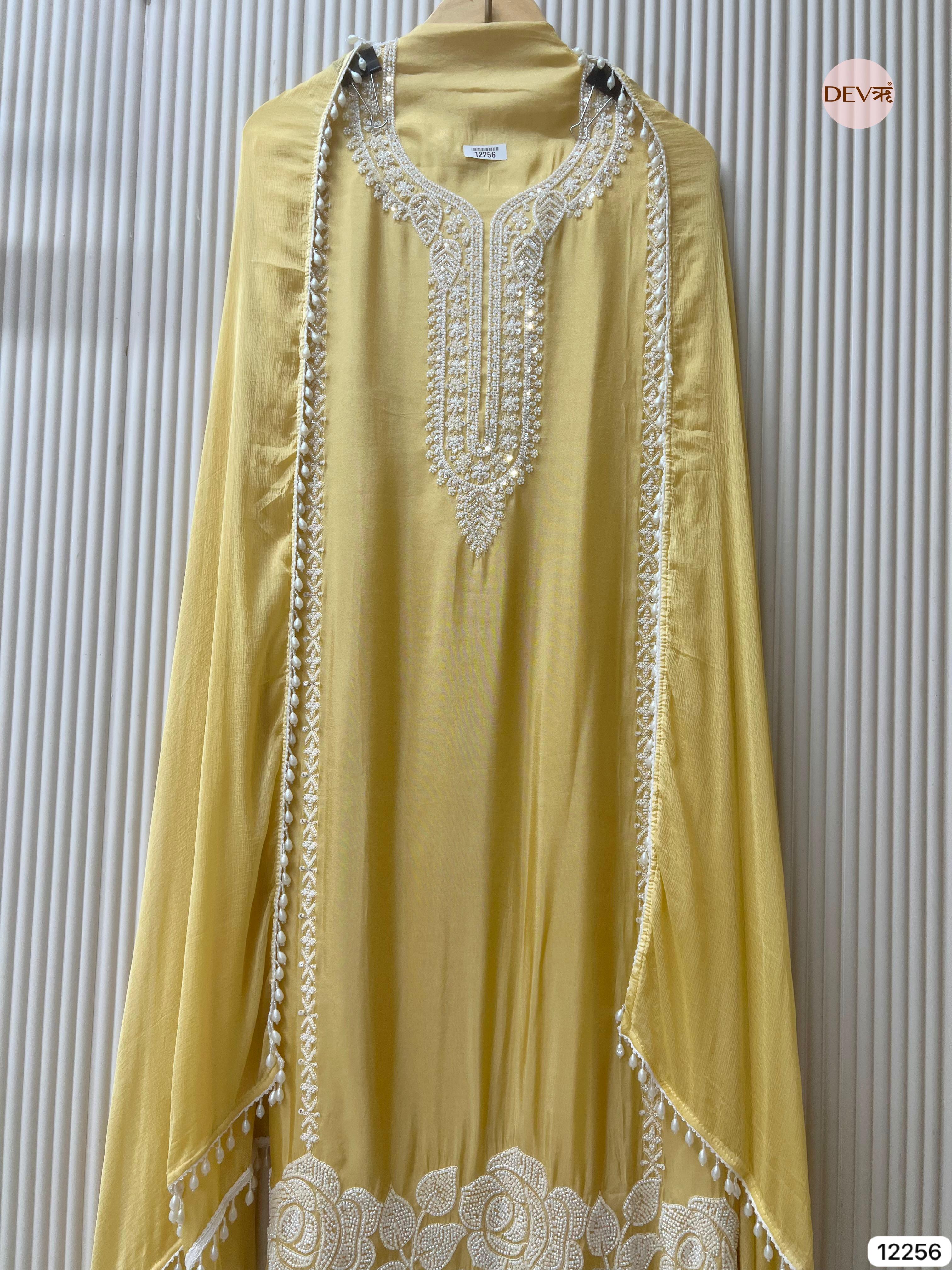 Mustard Shimmer Silk Embroidered Unstitched 3-Piece Suit (Devri – D.No 12256)