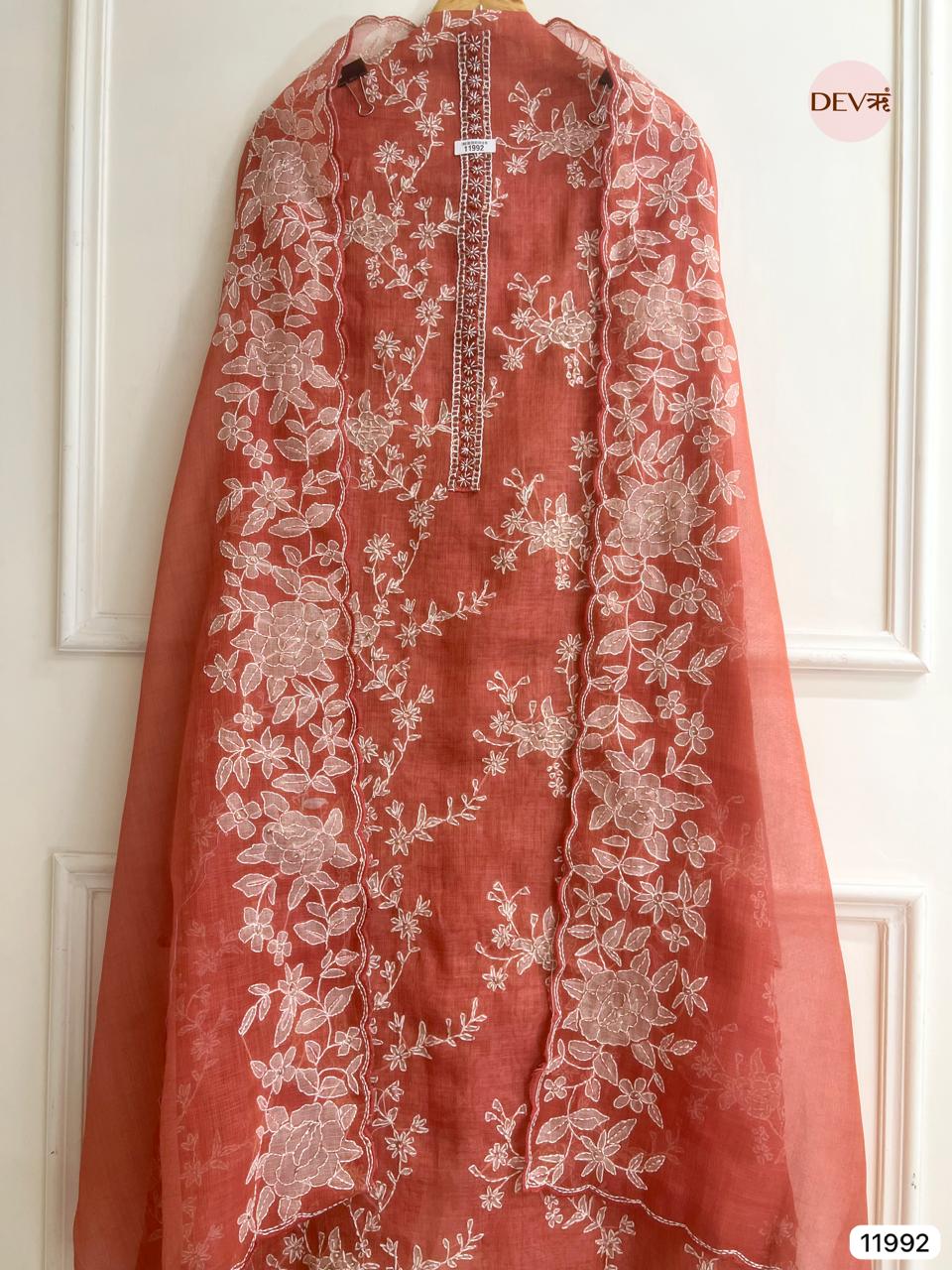Rust Pure Mul Linen Unstitched Embroidered -Set Of 3 - {11992}