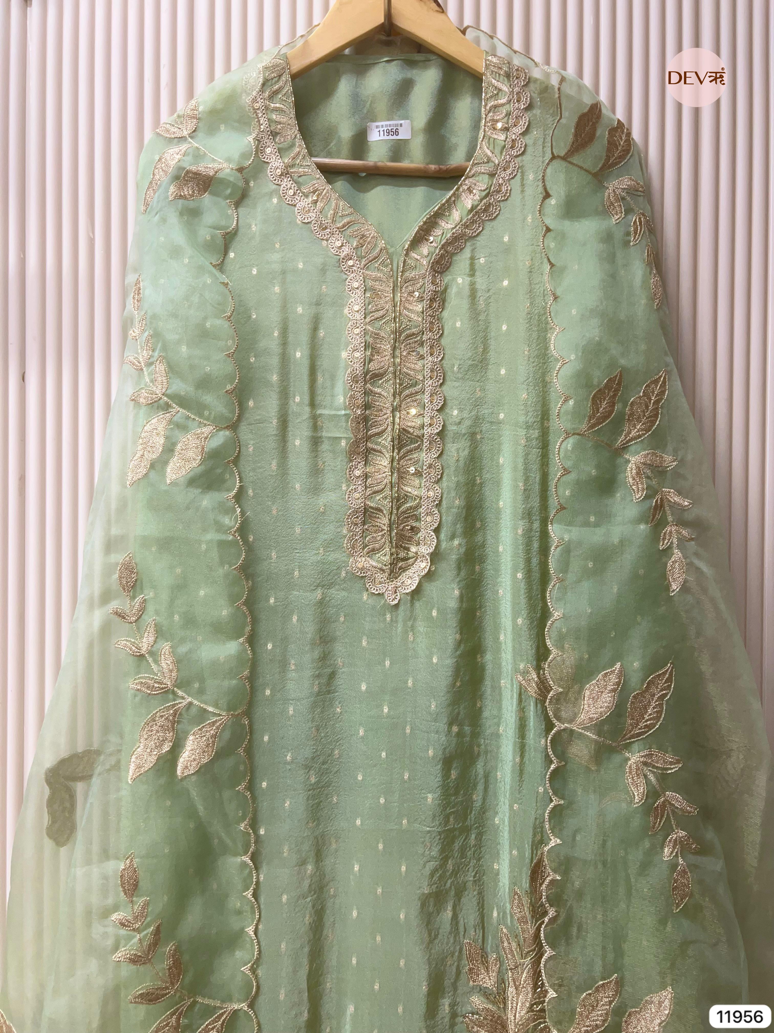 Green Tissue Silk Unstitched Banarasi Weave Embroidered -Set Of 3 - {11956}