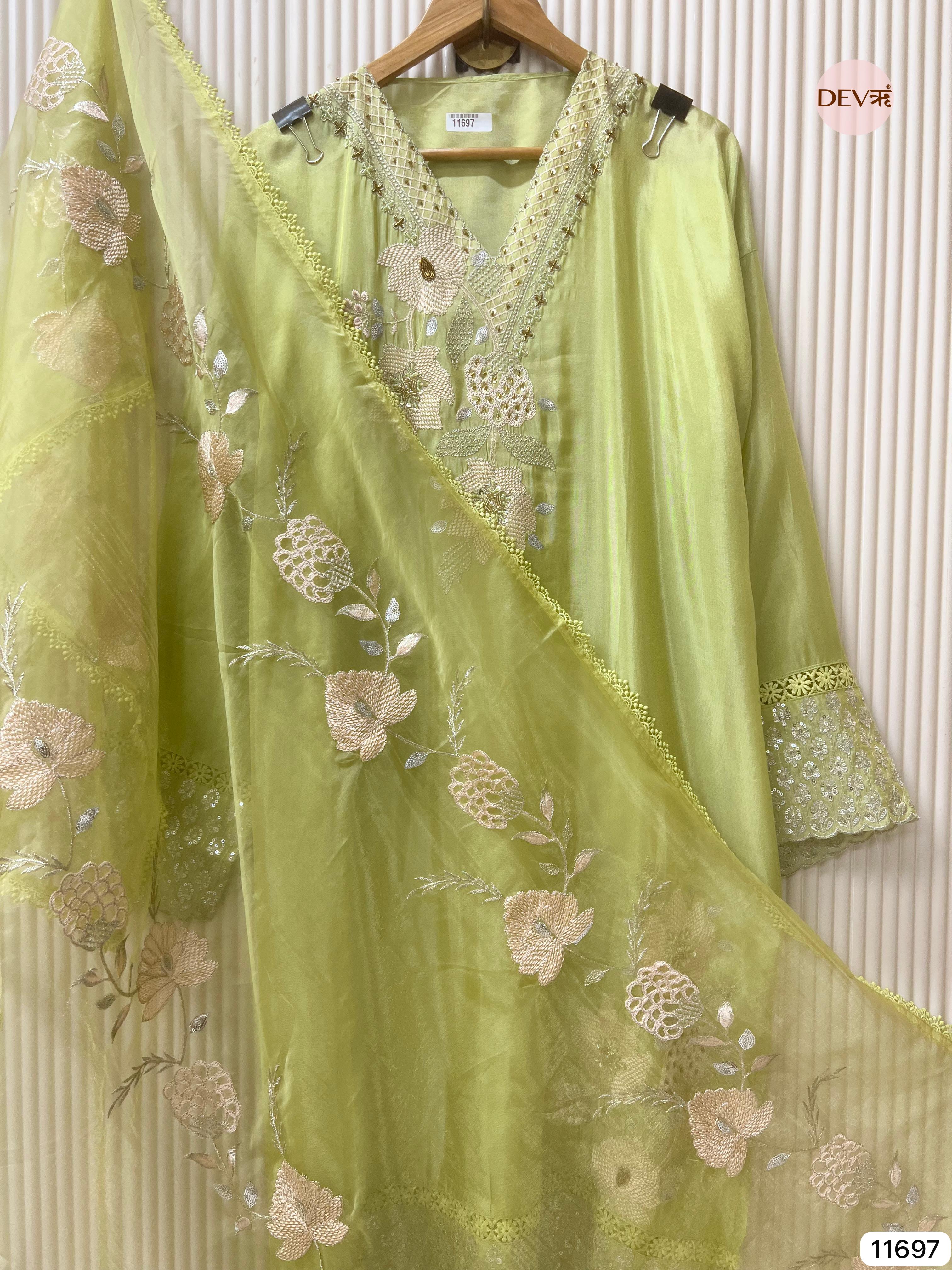 Lime Green Tissue Shimmer Silk Semi Stitched Hand Embroidered -Set Of 3 - {11697}